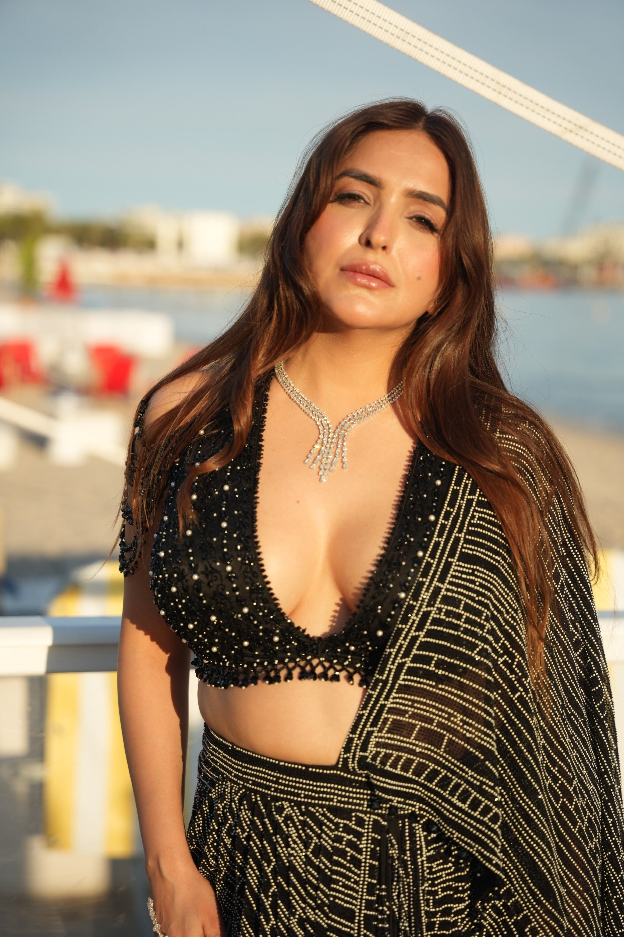 Black & white crystal drape saree