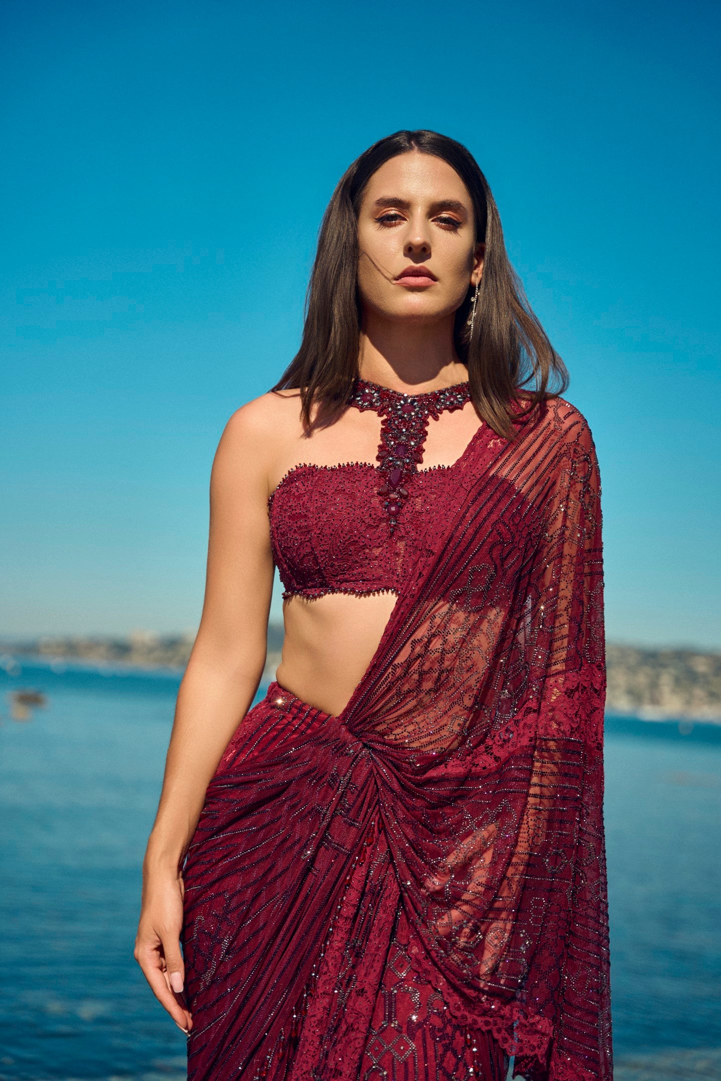 Burgundy Net Crystal Work Drape Saree