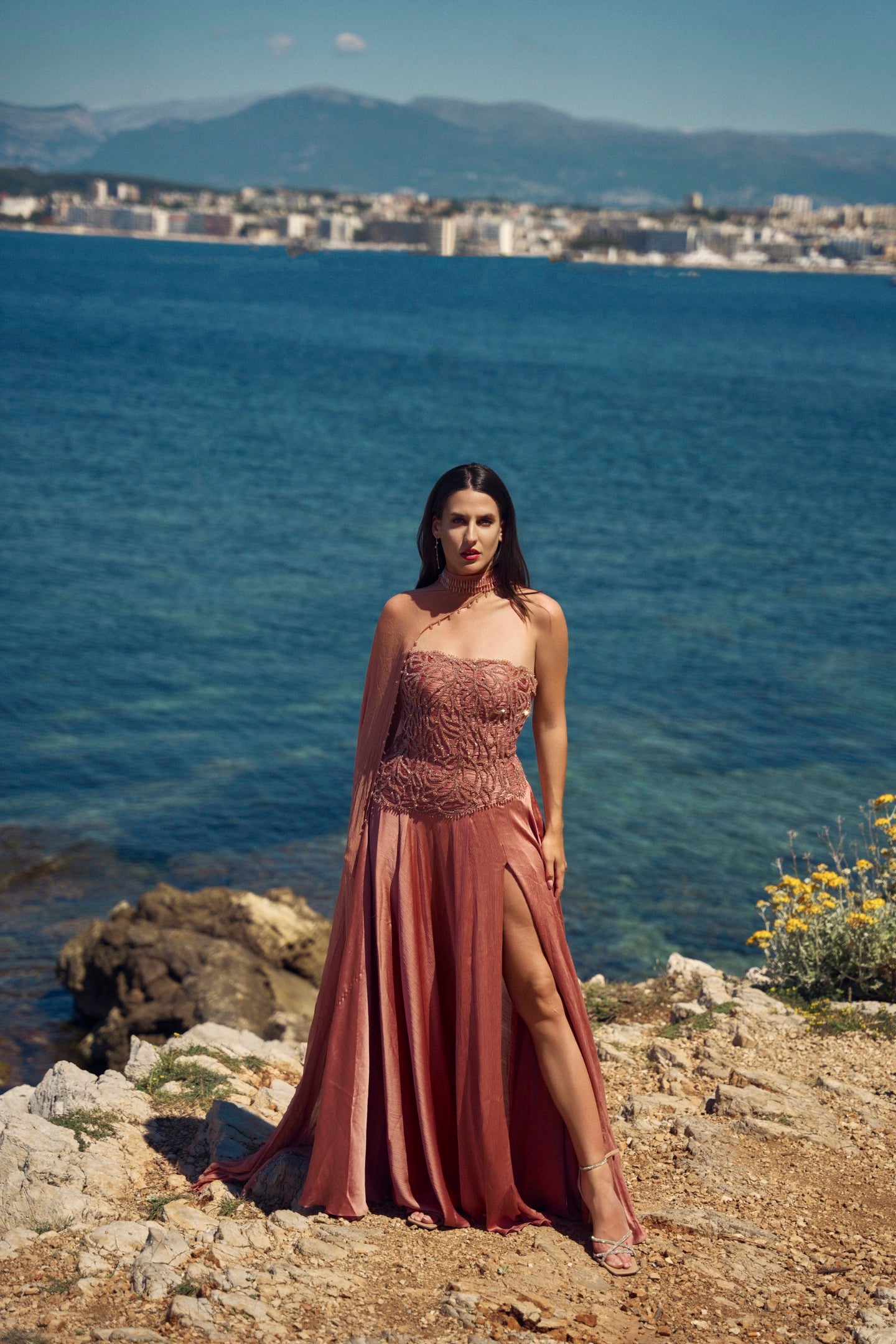 Peach Off-Shoulder Gown with Dupatta
