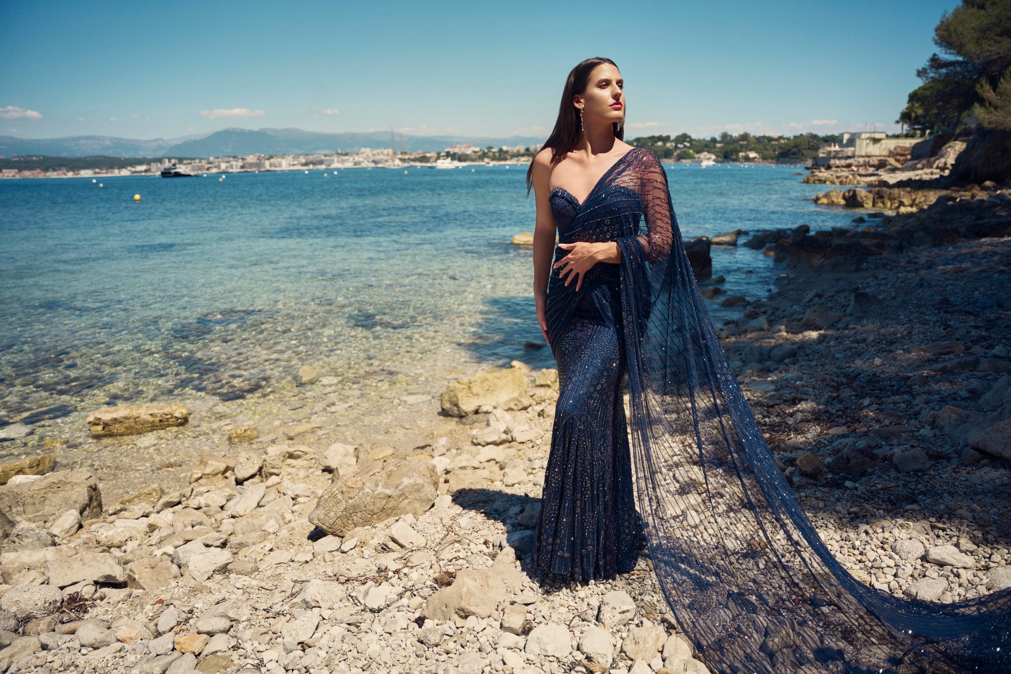 Navy Blue Drape Saree Crystal Work