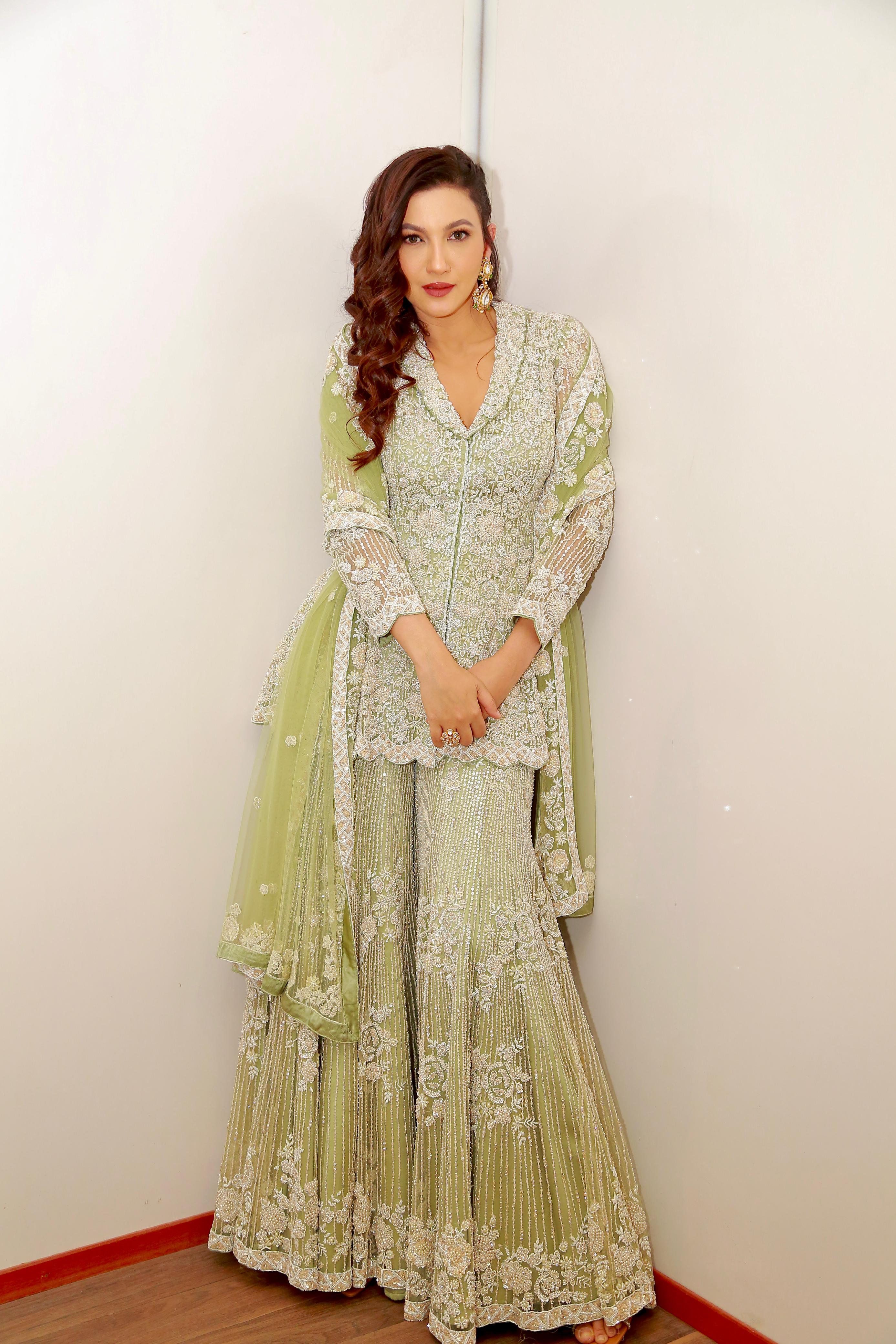 Gauahar Khan In CARDAMOM COLOUR HEAVY SHARARA SET