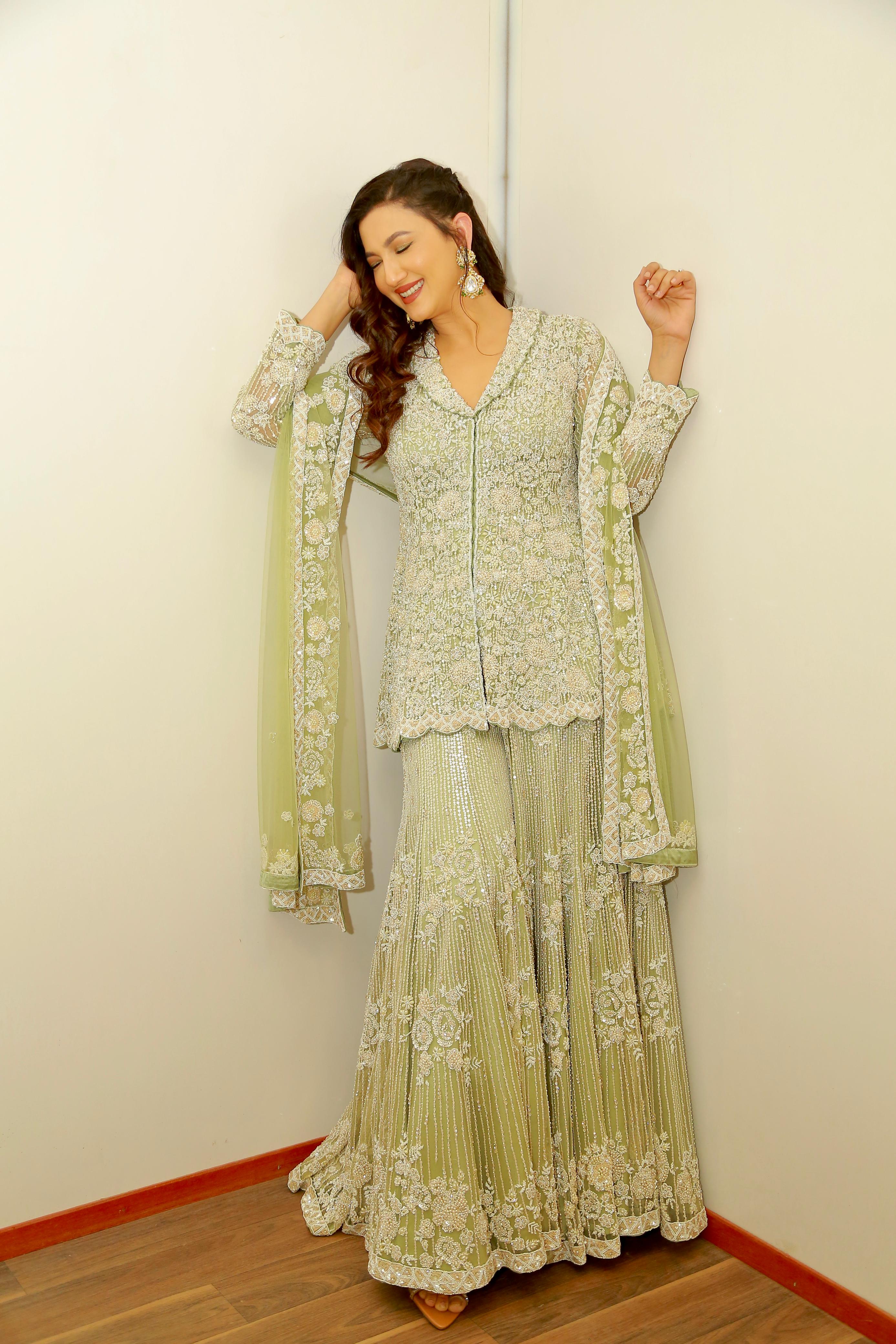 Gauahar Khan In CARDAMOM COLOUR HEAVY SHARARA SET