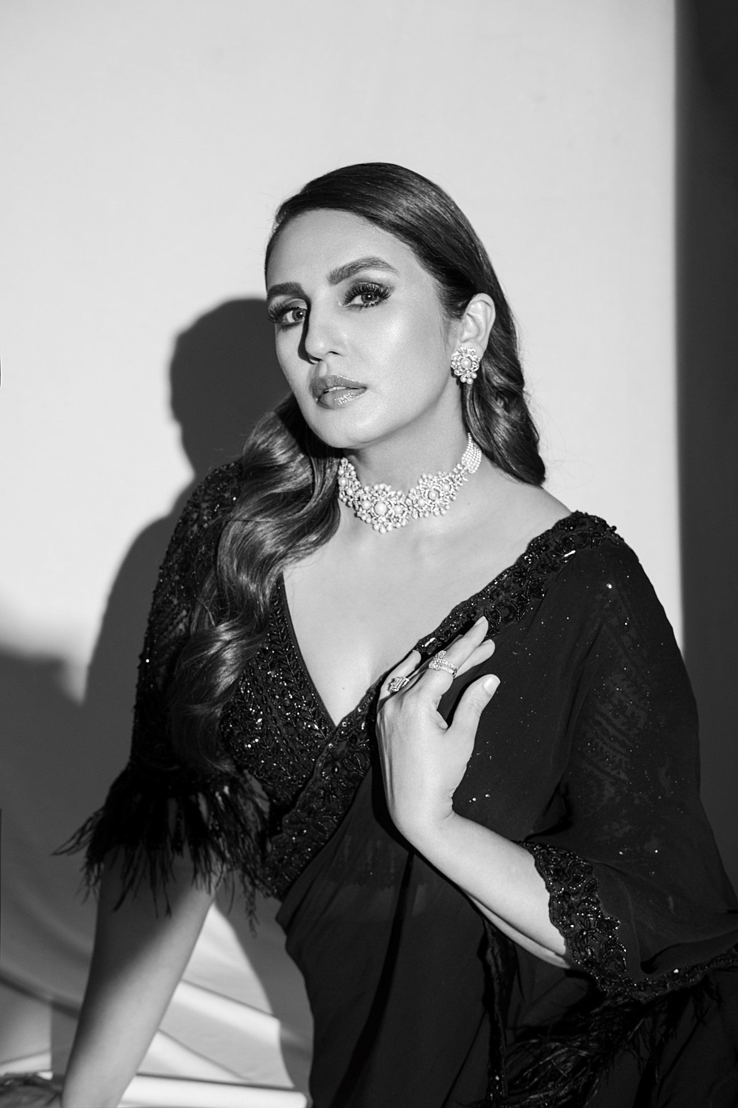 Huma Qureshi In Black Georgette Draped Saree