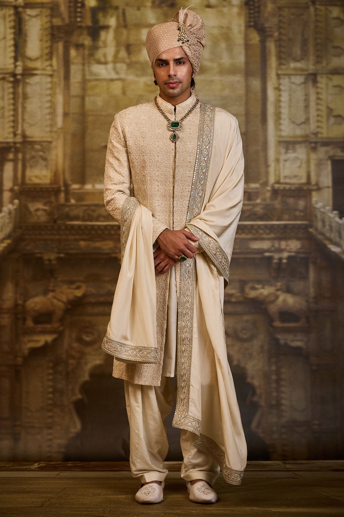 LIGHT BEIGE MORROCAN PATTERN EMBROIDERY SHERWANI SET