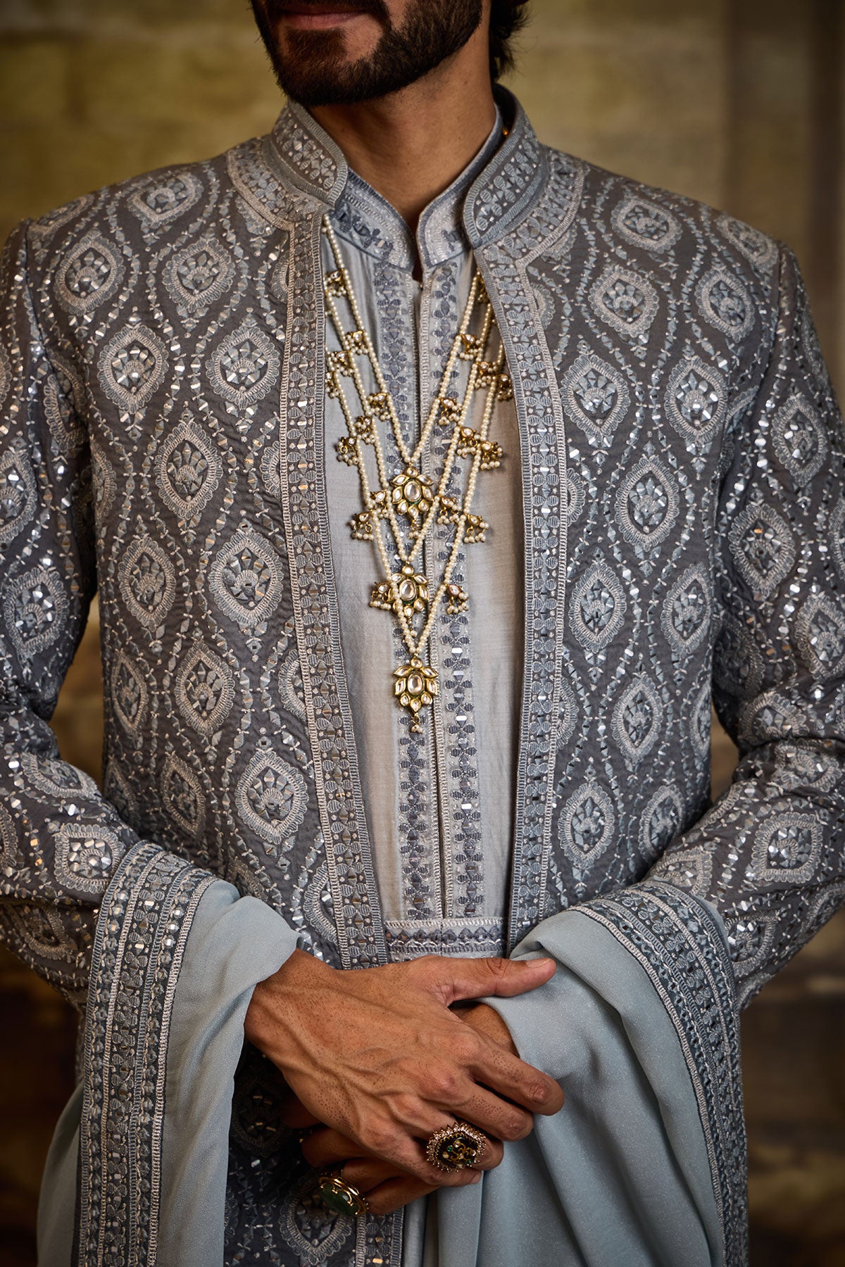 BLUE GREY OPEN SHERWANI JACKET WITH CHOGA AND CHURIDAR