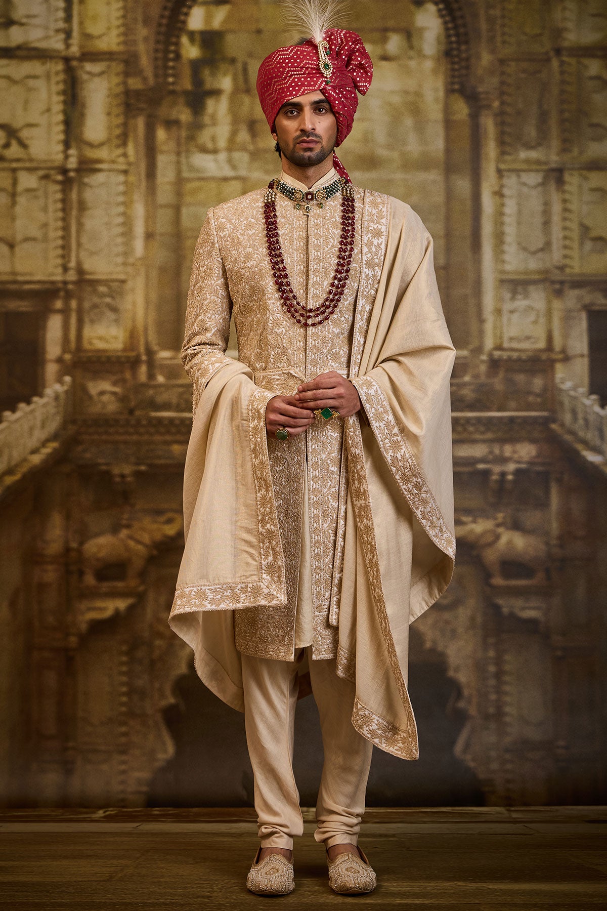 IVORY TAFFETA SHERWANI GOLD KIRAN DORI