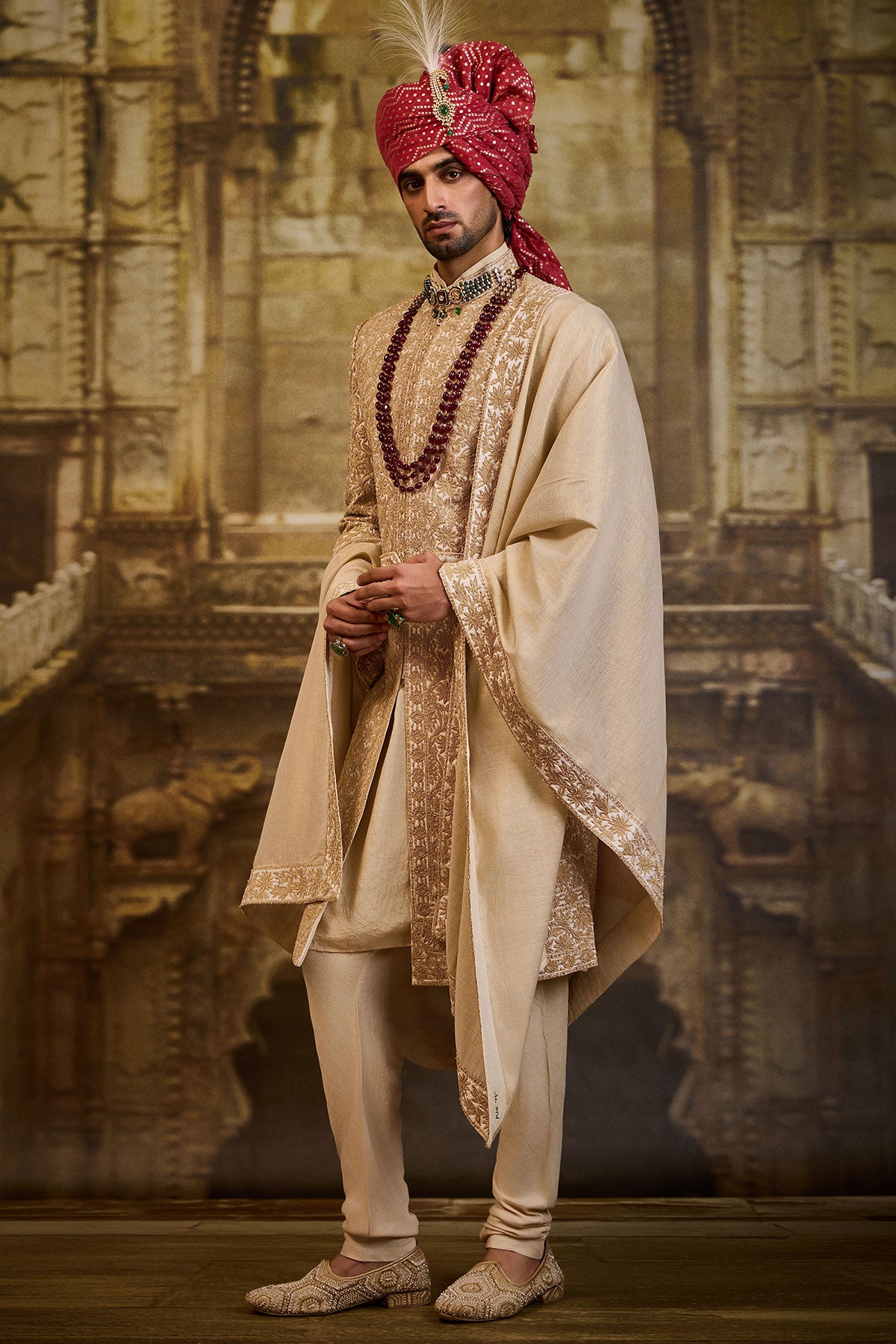 IVORY TAFFETA SHERWANI GOLD KIRAN DORI