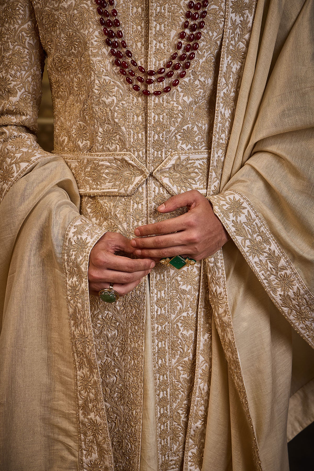 IVORY TAFFETA SHERWANI GOLD KIRAN DORI