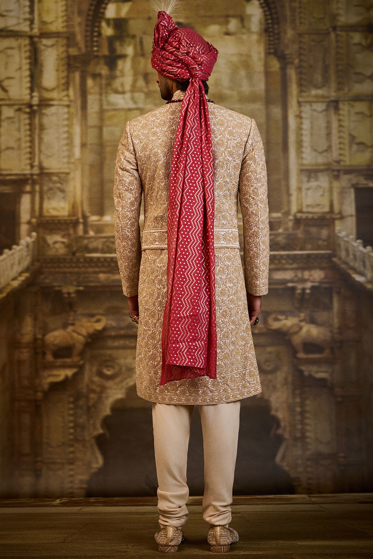 IVORY TAFFETA SHERWANI GOLD KIRAN DORI