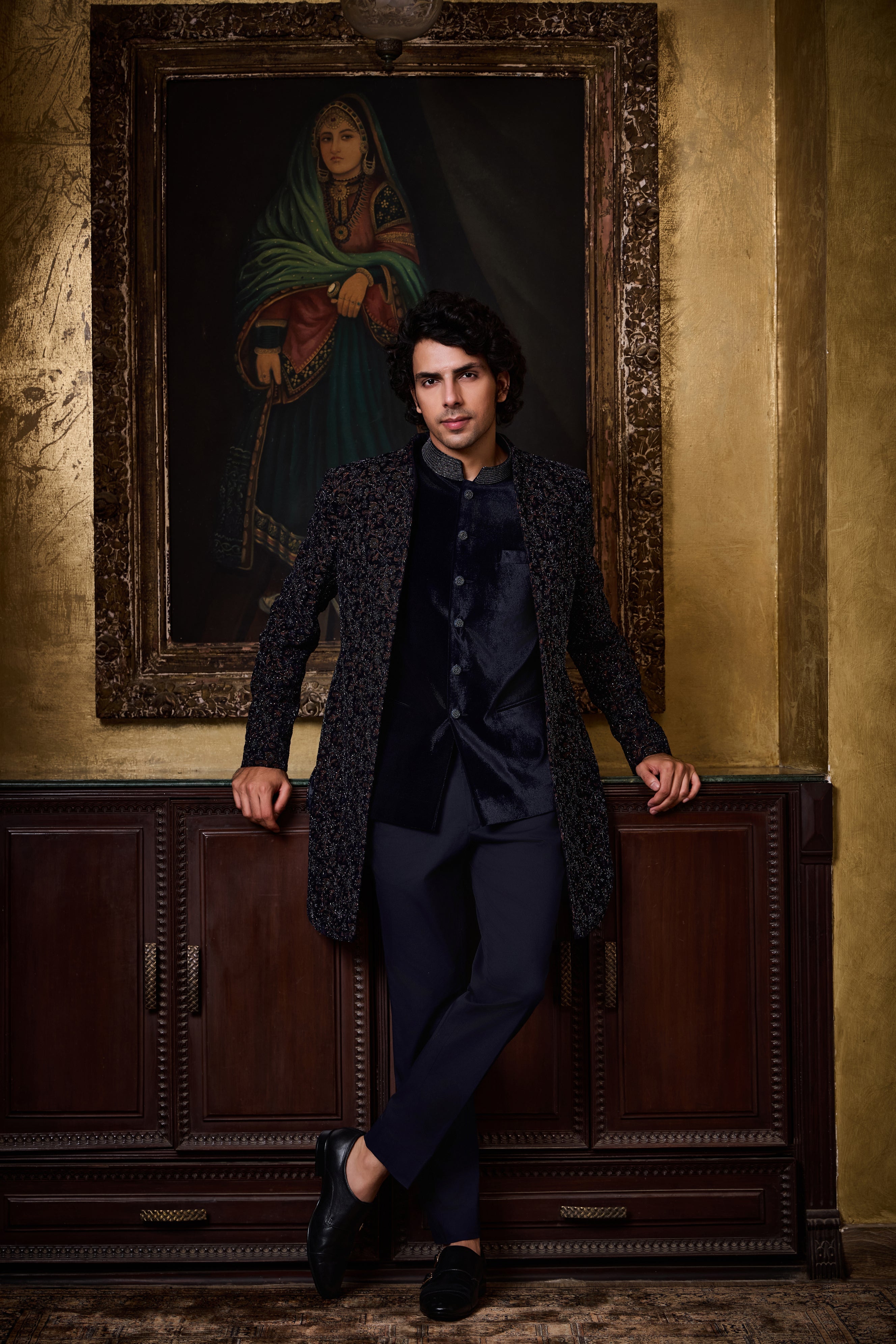 Blue Velvet Open Jacket With Vest Set