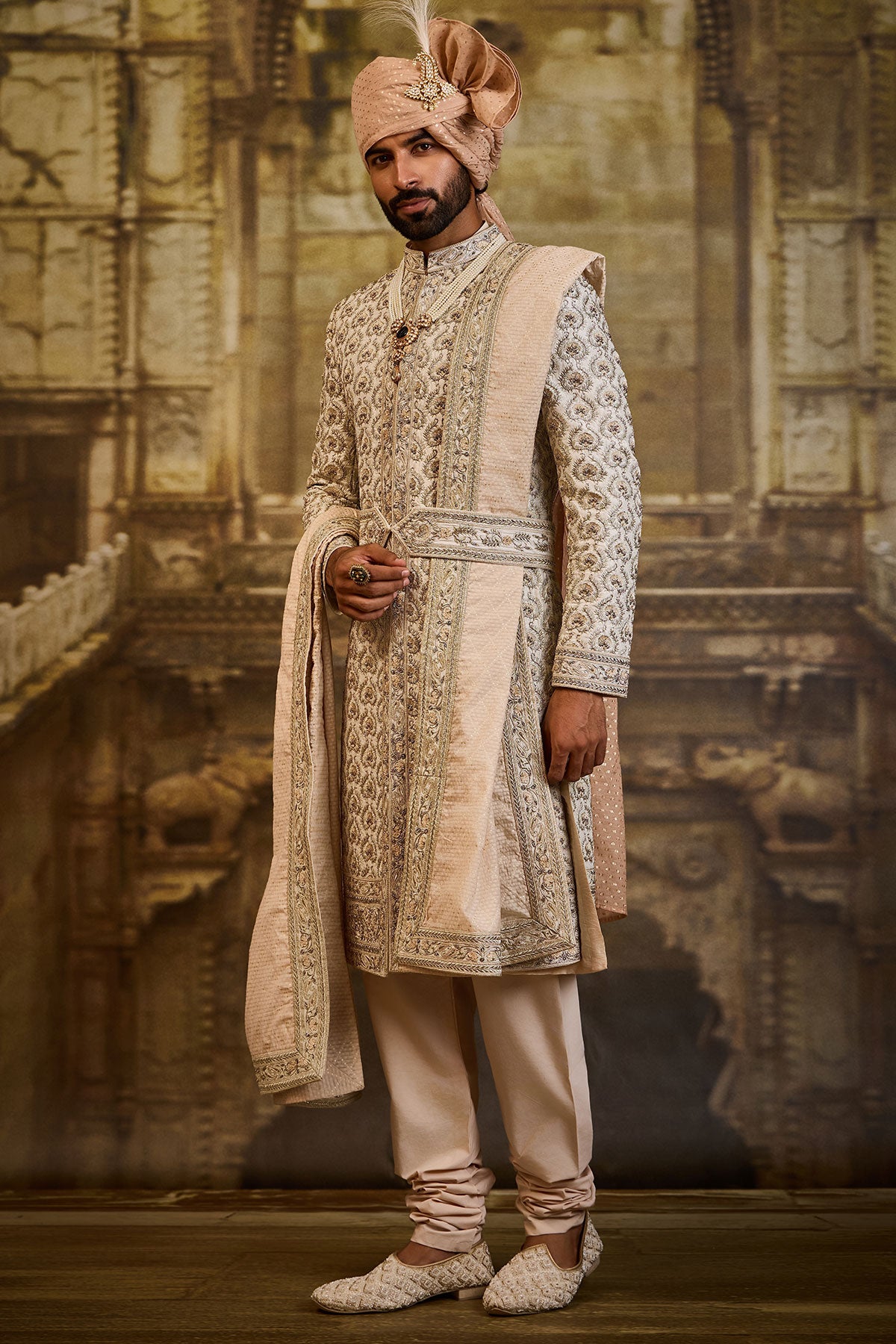 IVORY TAFFETA SILK SHERWANI BEIGE FRENCH KNOTS AND ZARDOZI WORK
