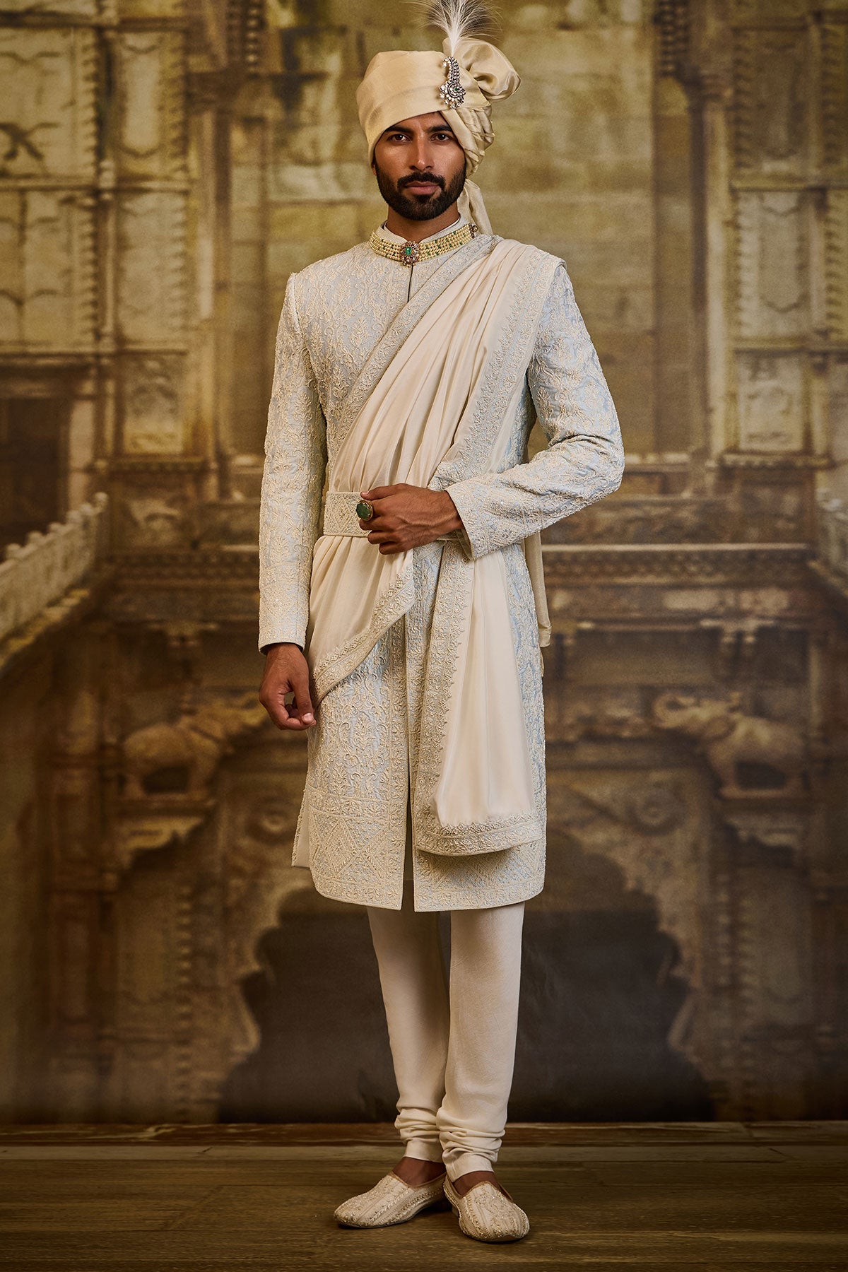 POWDER BLUE TAFFETA SHERWANI SET