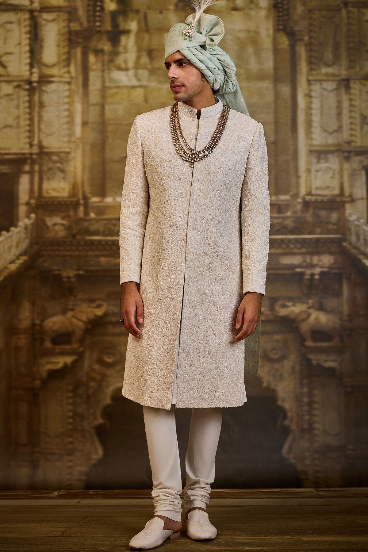 IVORY SELF EMBROIDERED SHERWANI SET