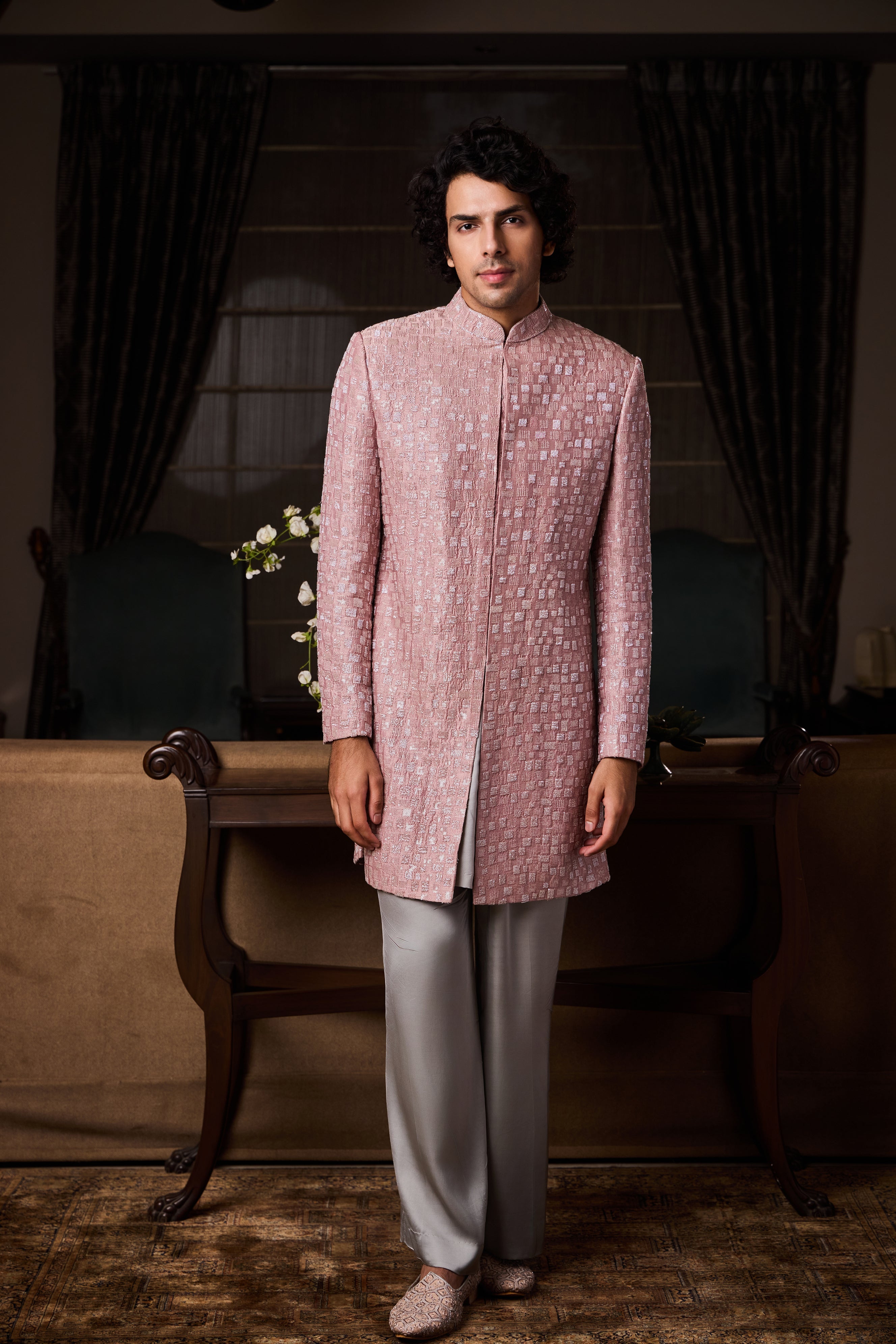 Dusty Rose Pink Short Sherwani Set