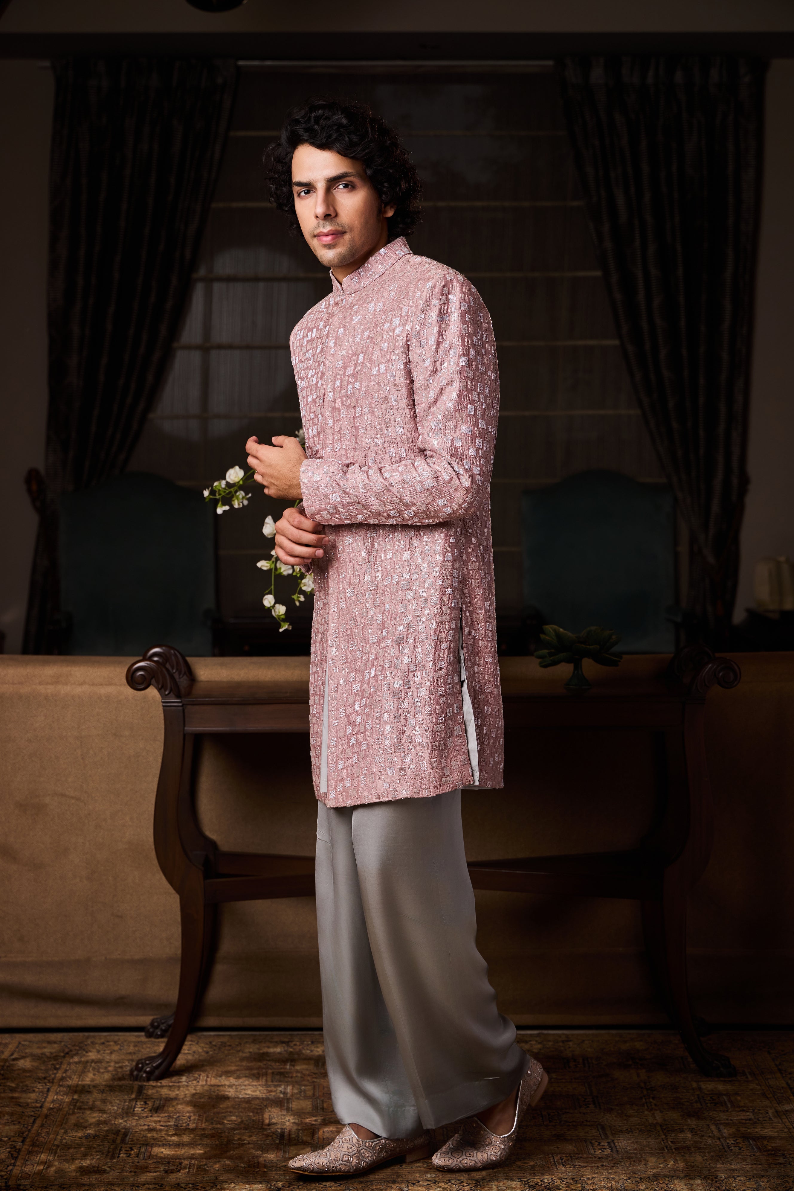 Dusty Rose Pink Short Sherwani Set
