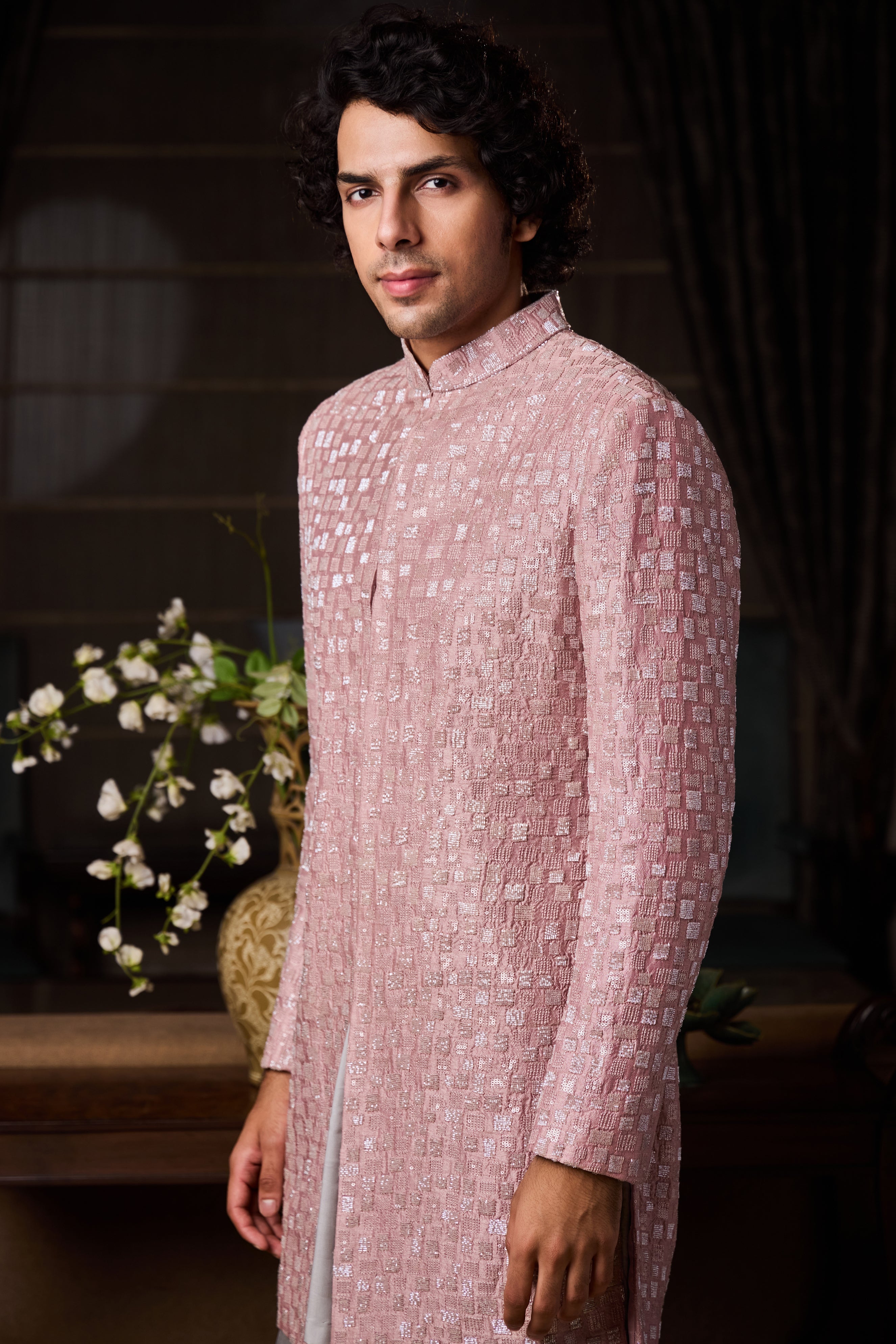 Dusty Rose Pink Short Sherwani Set