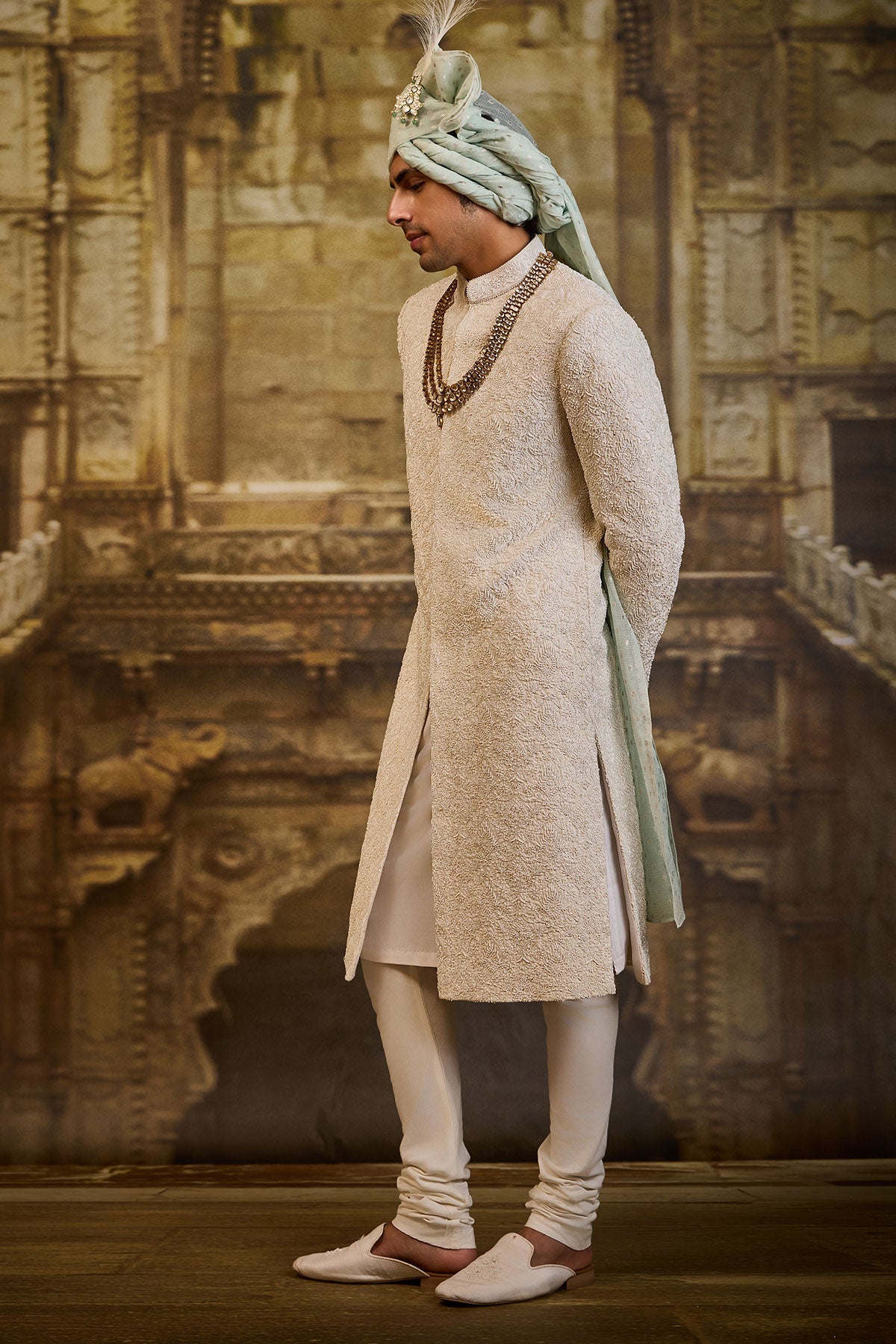 IVORY SELF EMBROIDERED SHERWANI SET