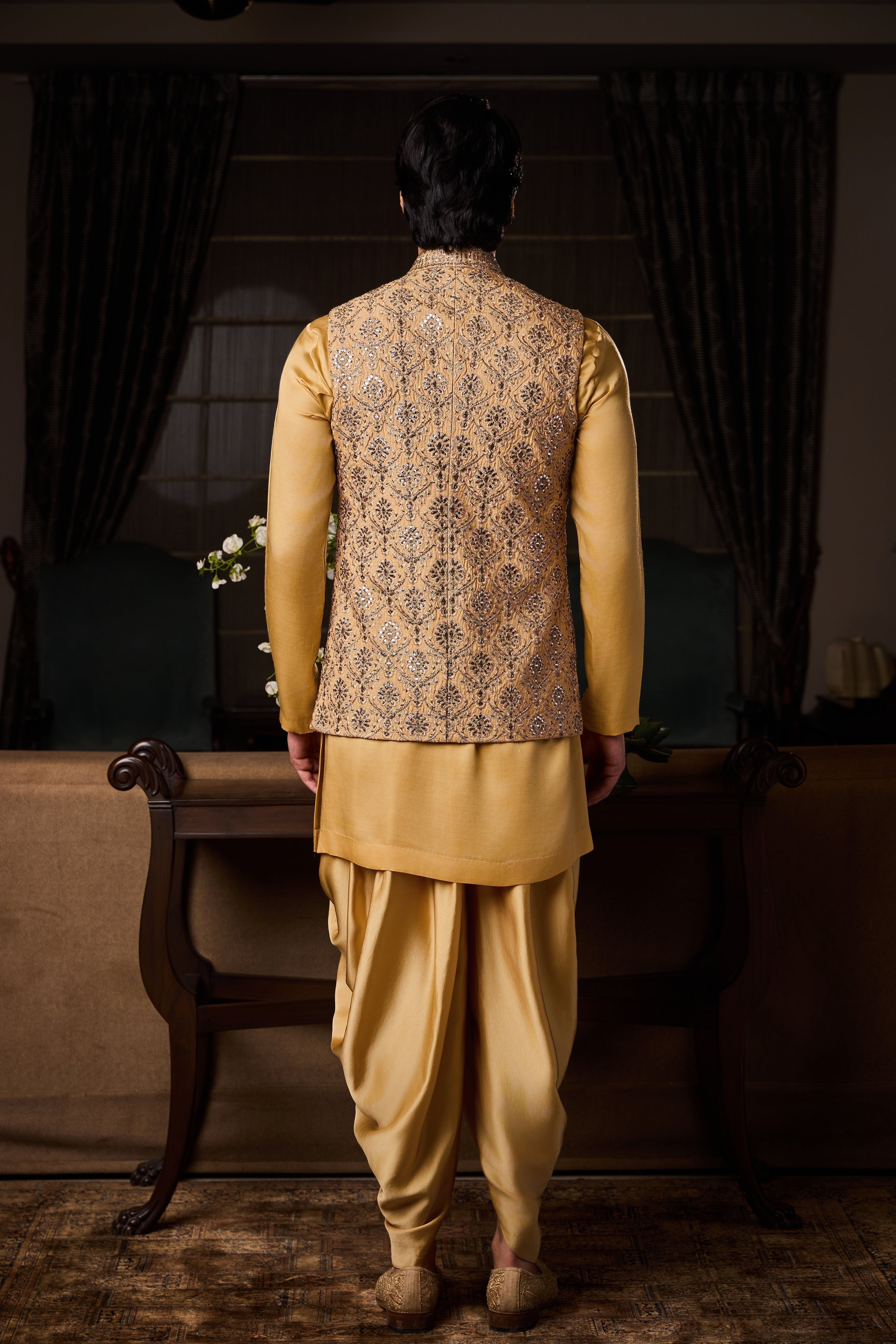 Gold Bundi Jacket Beige Kurta Churidar Set