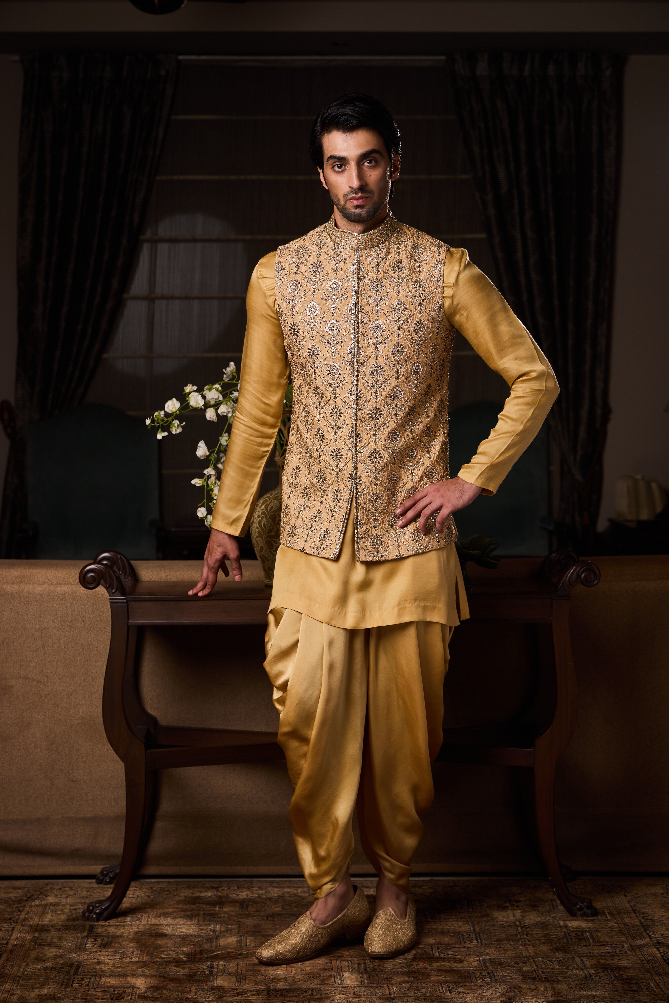 Gold Bundi Jacket Beige Kurta Churidar Set