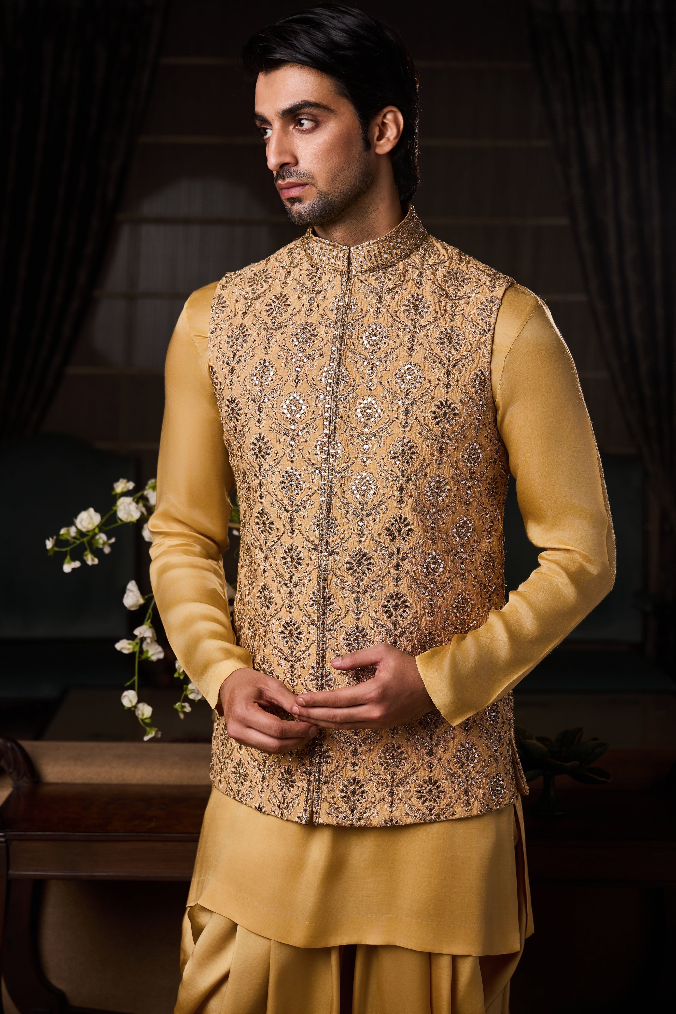 Gold Bundi Jacket Beige Kurta Churidar Set