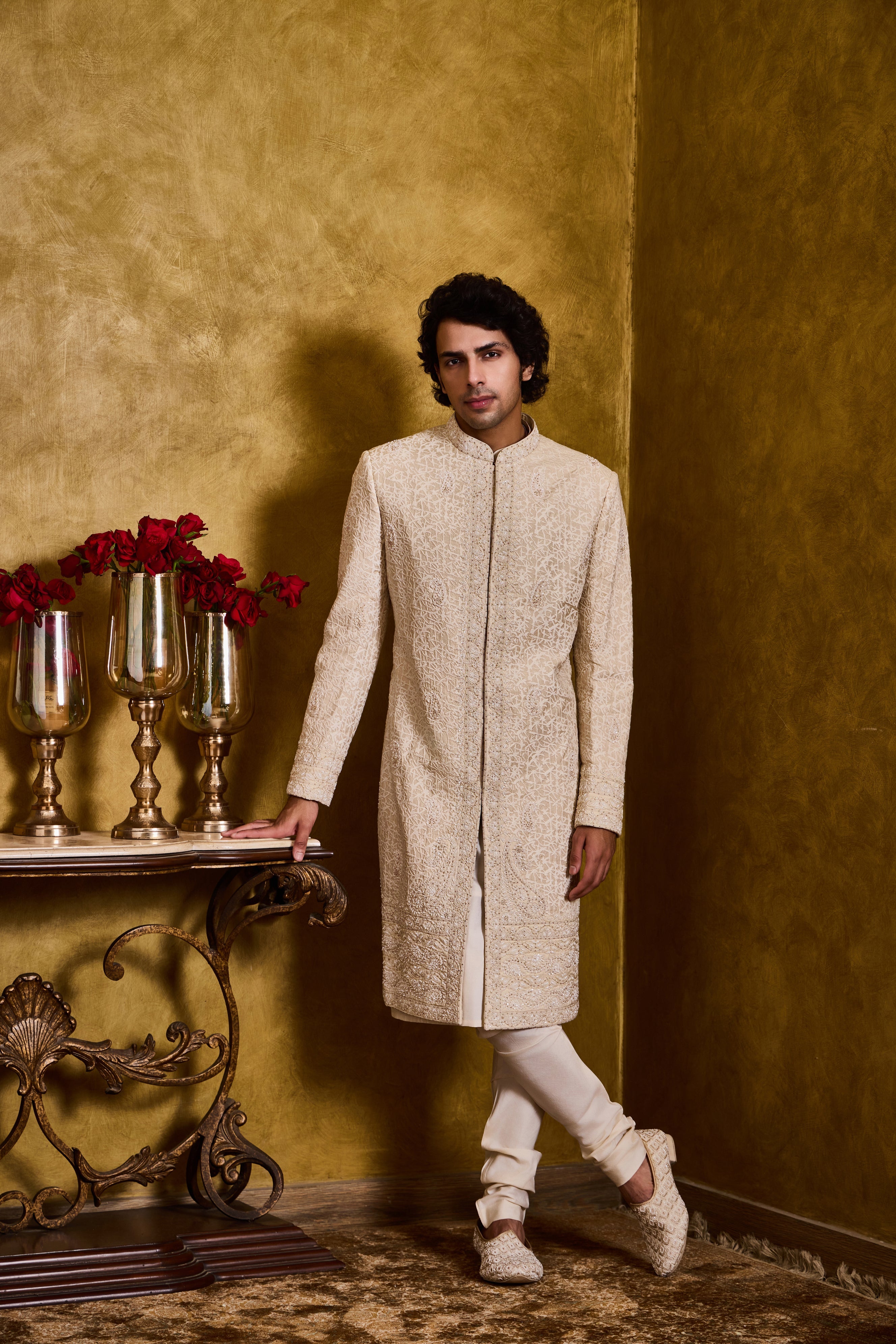 Beige Sherwani Kurta Churidar Set