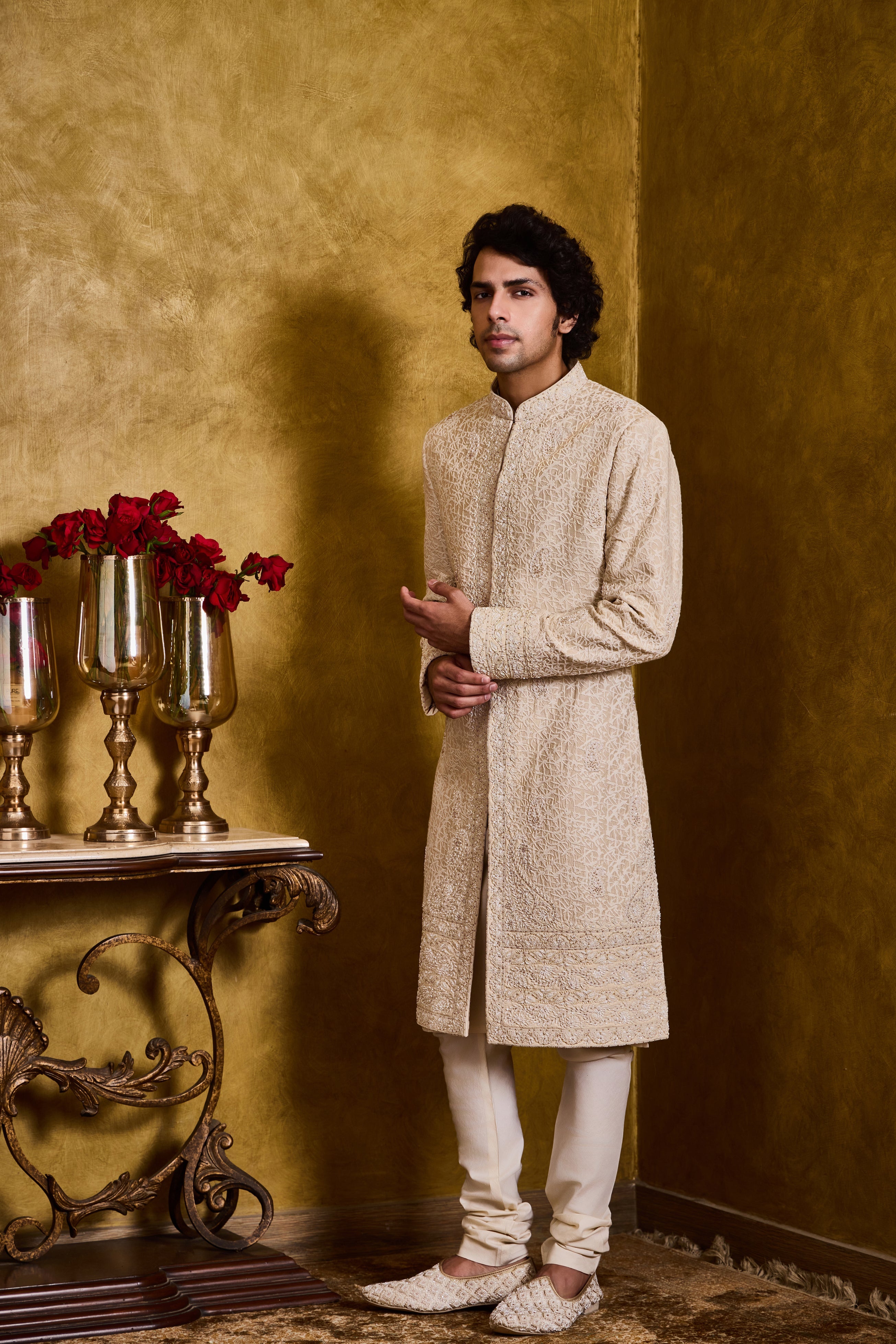 Beige Sherwani Kurta Churidar Set