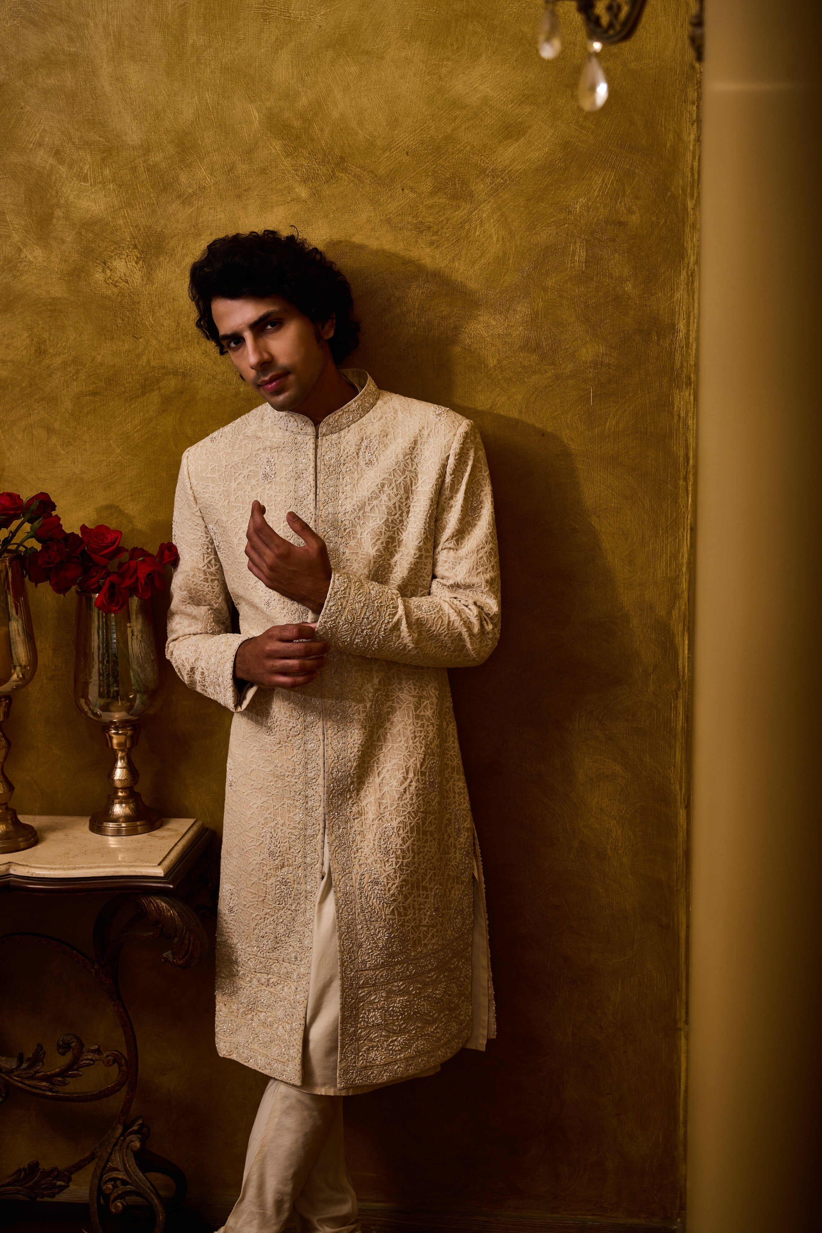 Beige Sherwani Kurta Churidar Set