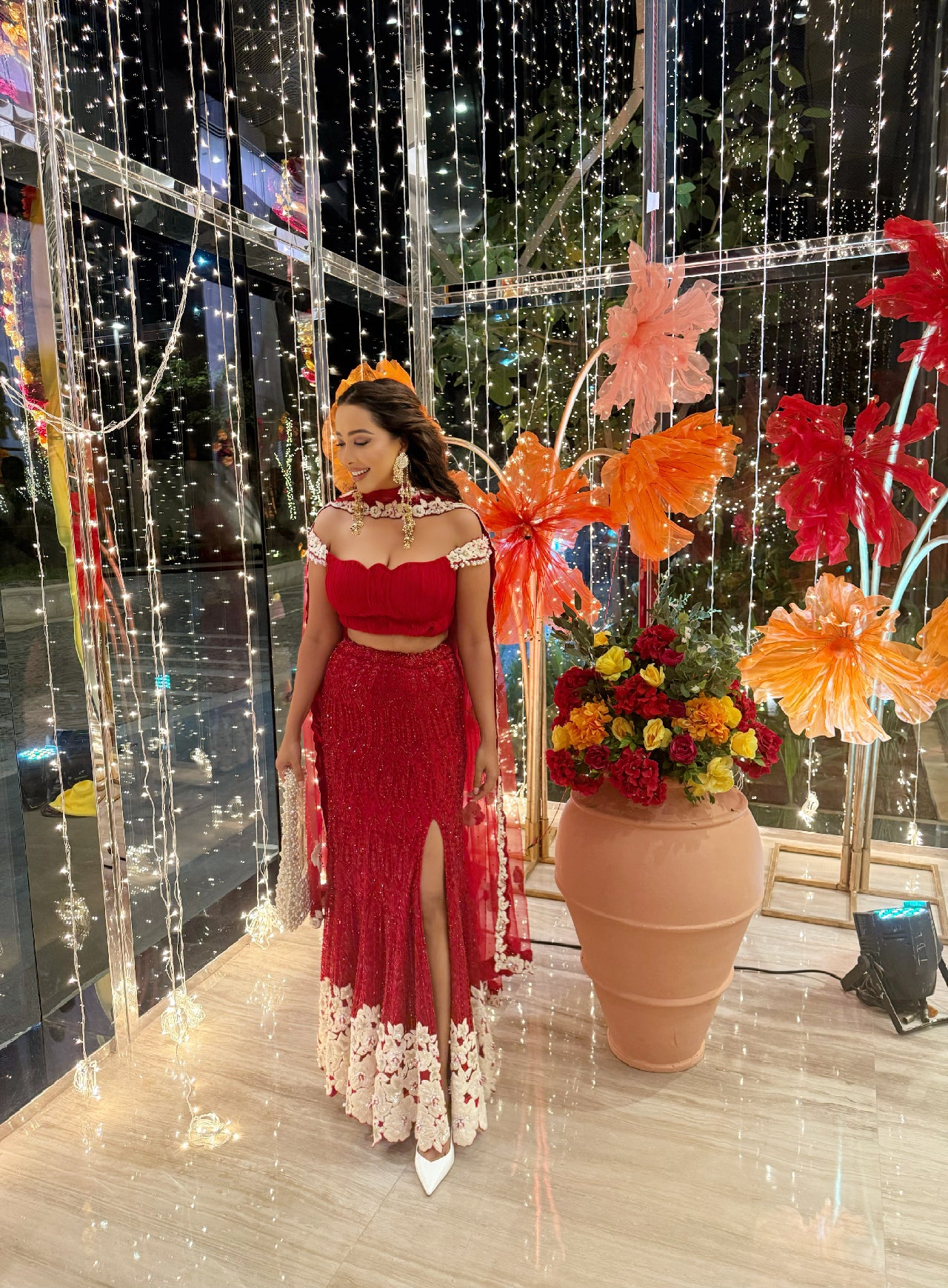 Namita Alexander In Red skirt with pleated crop top and dupatta