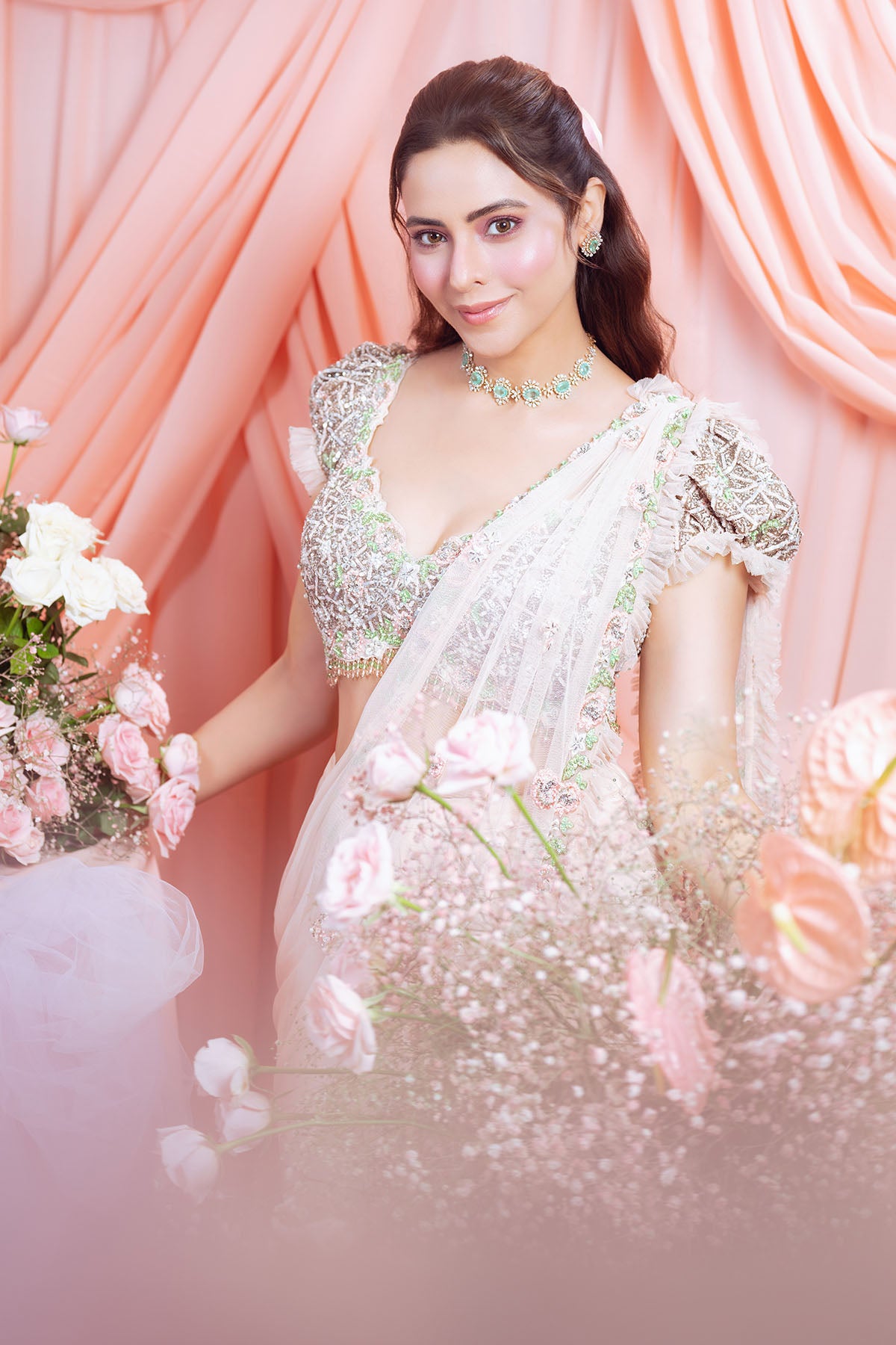 Amna Sharif In Rose Pink Pre-draped Saree With Trail