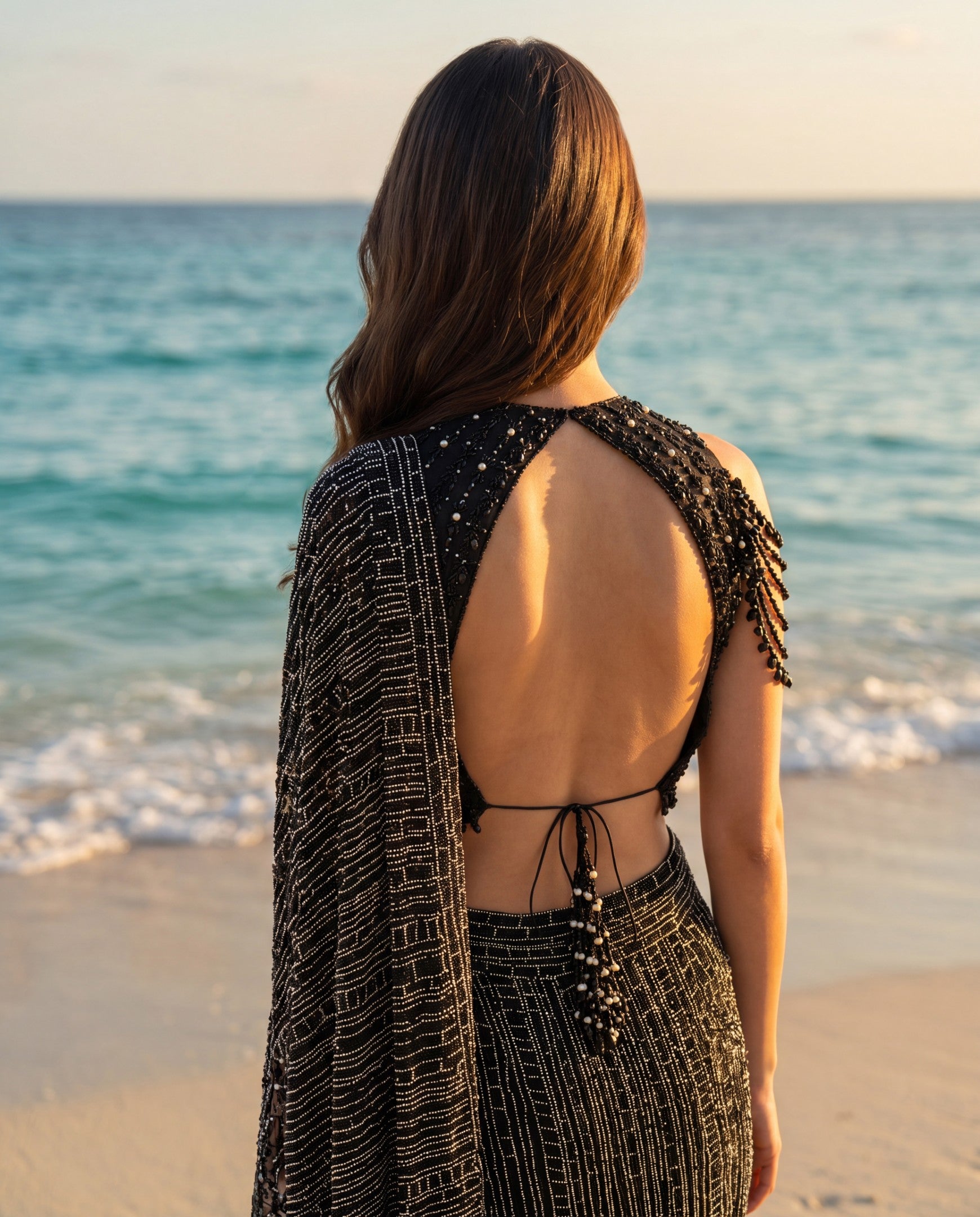 Black & white crystal drape saree