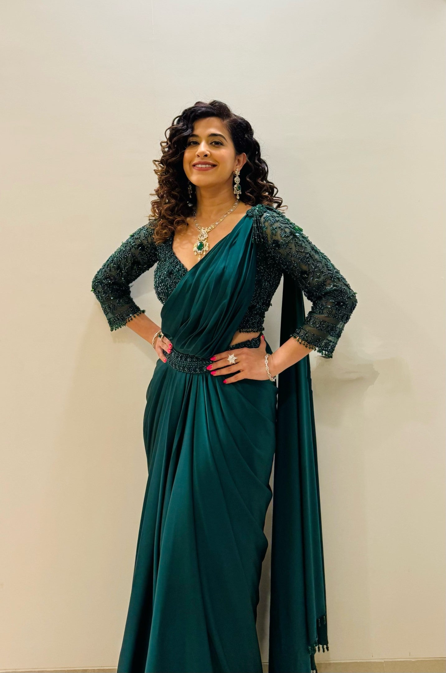 Kamiya Jani In Bottle Green Draped Saree