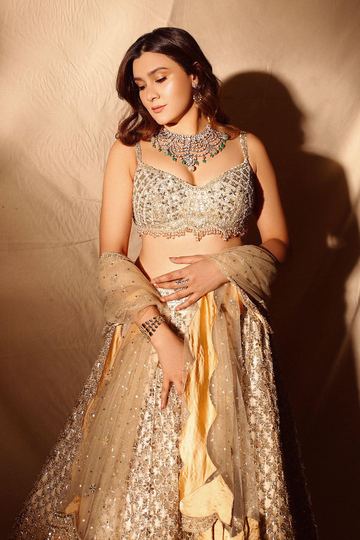 Aastha Gill In Beige Ombre Lehenga Choli With Net Dupatta