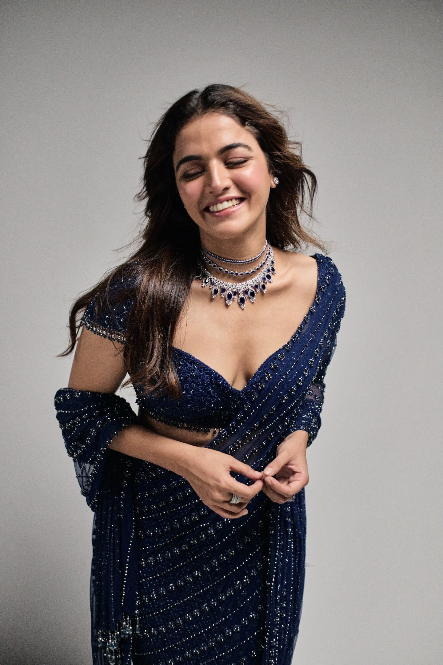 Wamiqa Gabi In Cobalt Blue Net Draped Saree