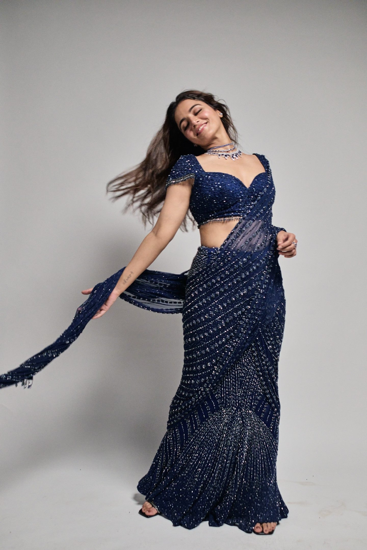 Wamiqa Gabi In Cobalt Blue Net Draped Saree