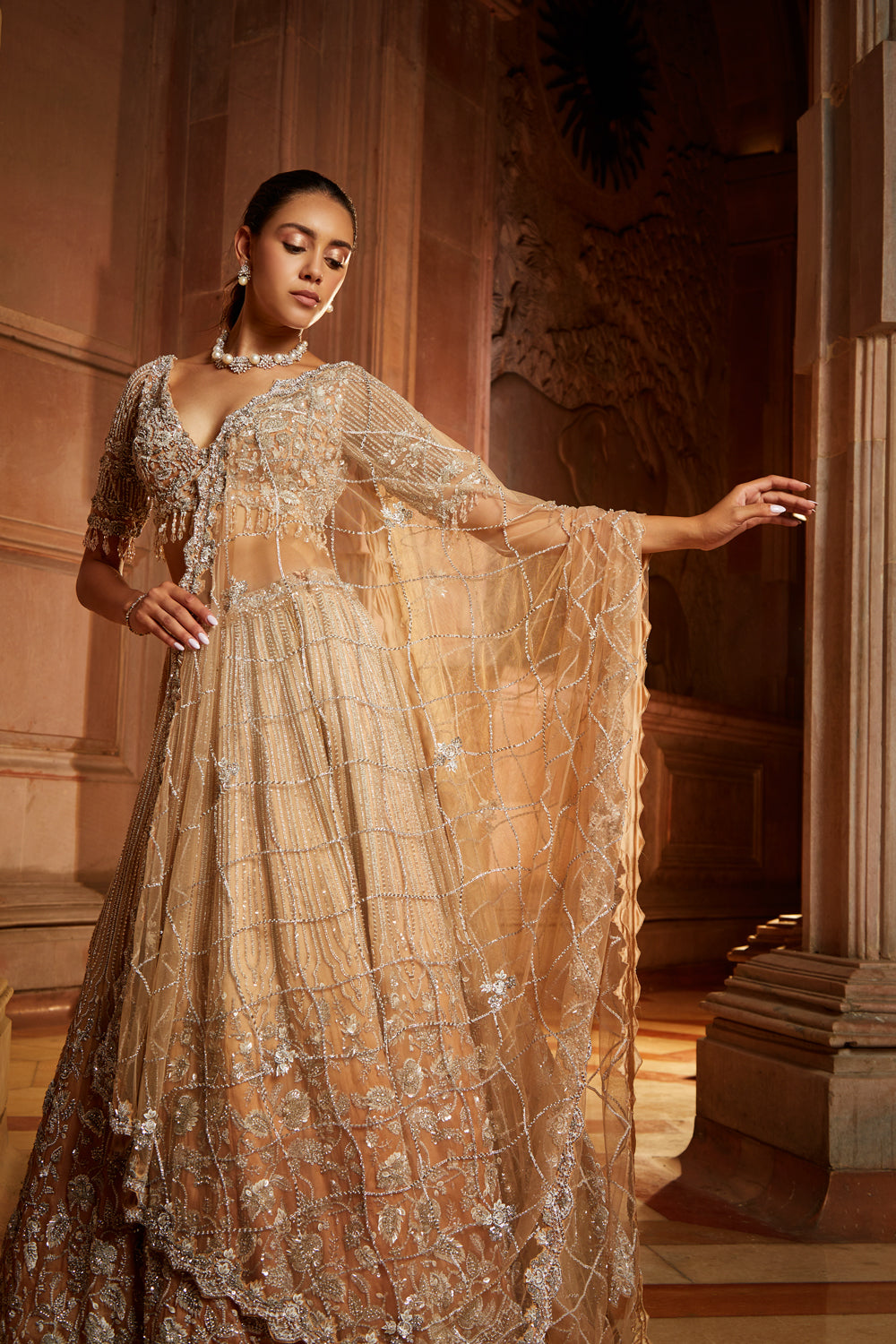 Mushroom Ombré Dyed Organza Lehenga Choli Set with Tulle Dupatta