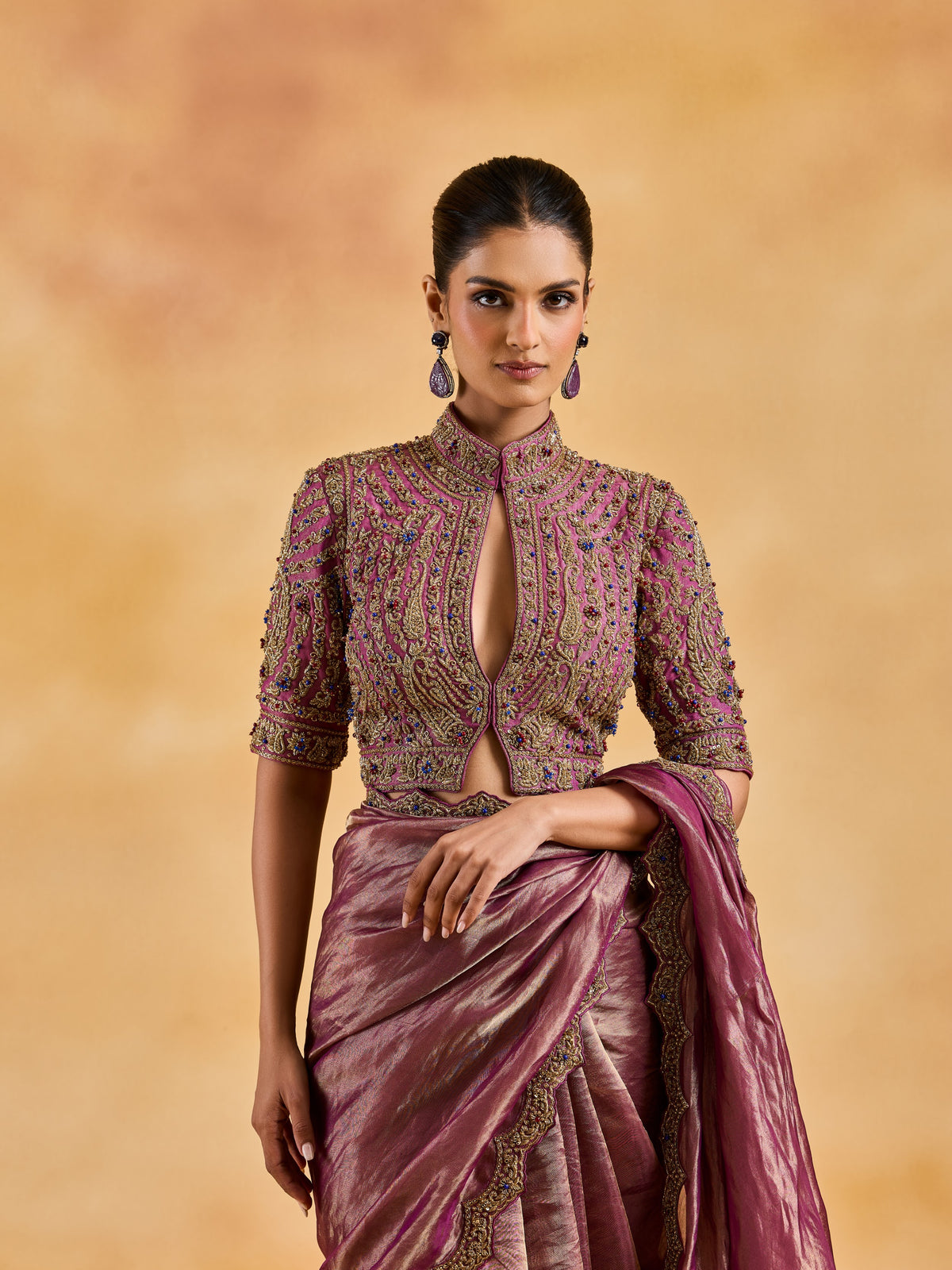 Purple Benarsi tissue saree with Antique Zardozi embroidery