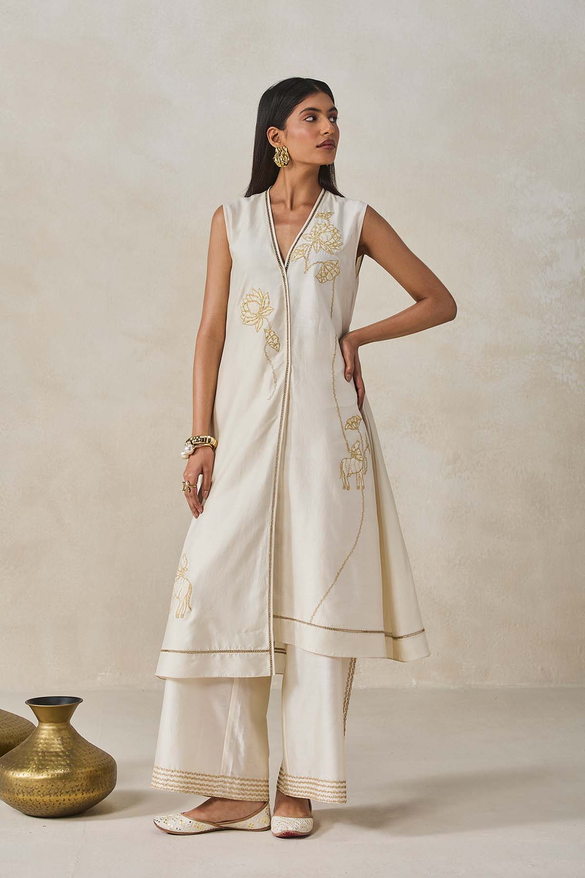 Chanderi Applique work Kurta With Pant Set