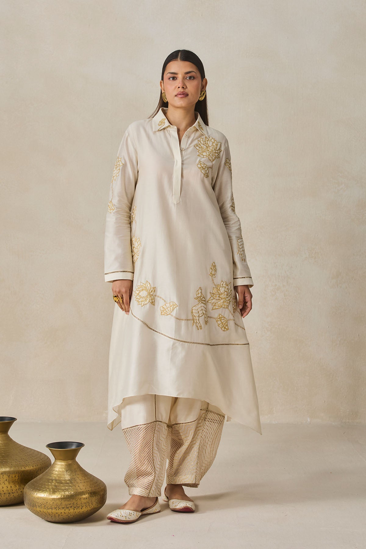 Chanderi Assmmetrical Kurta With Pant Set