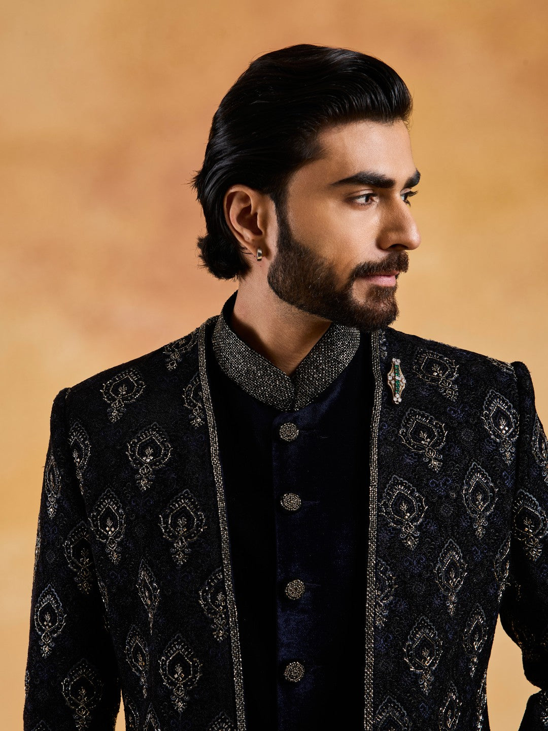 NAVY VELVET OPEN JACKET WITH BUNDI AND PANT