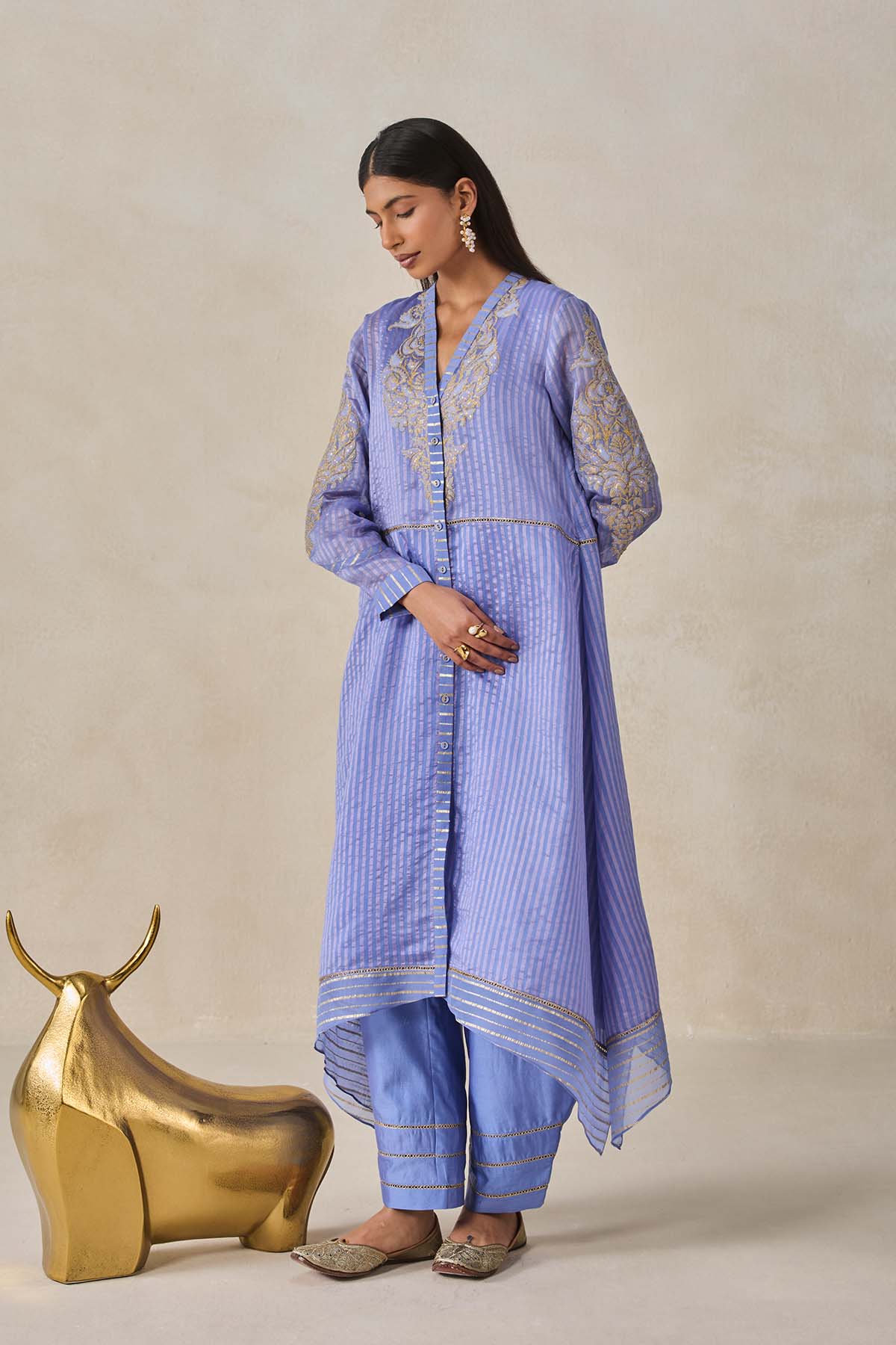 Chanderi Front Open Assymetrical Kurta With Pant