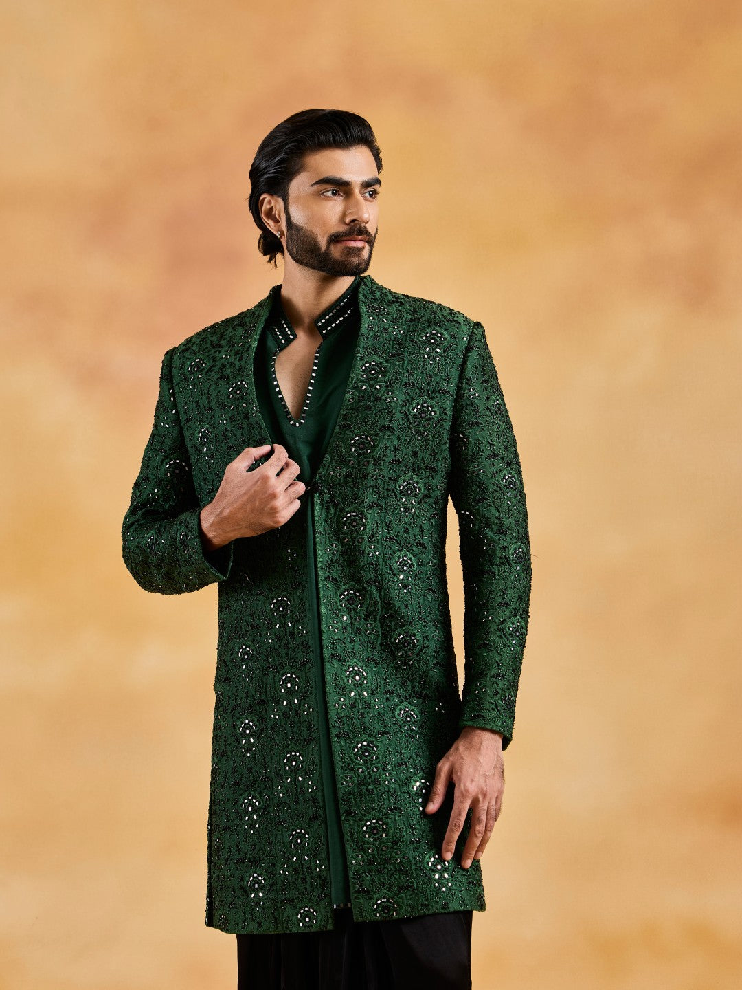 EMERALD GREEN OPEN JACKET KURTA SALWAR SET