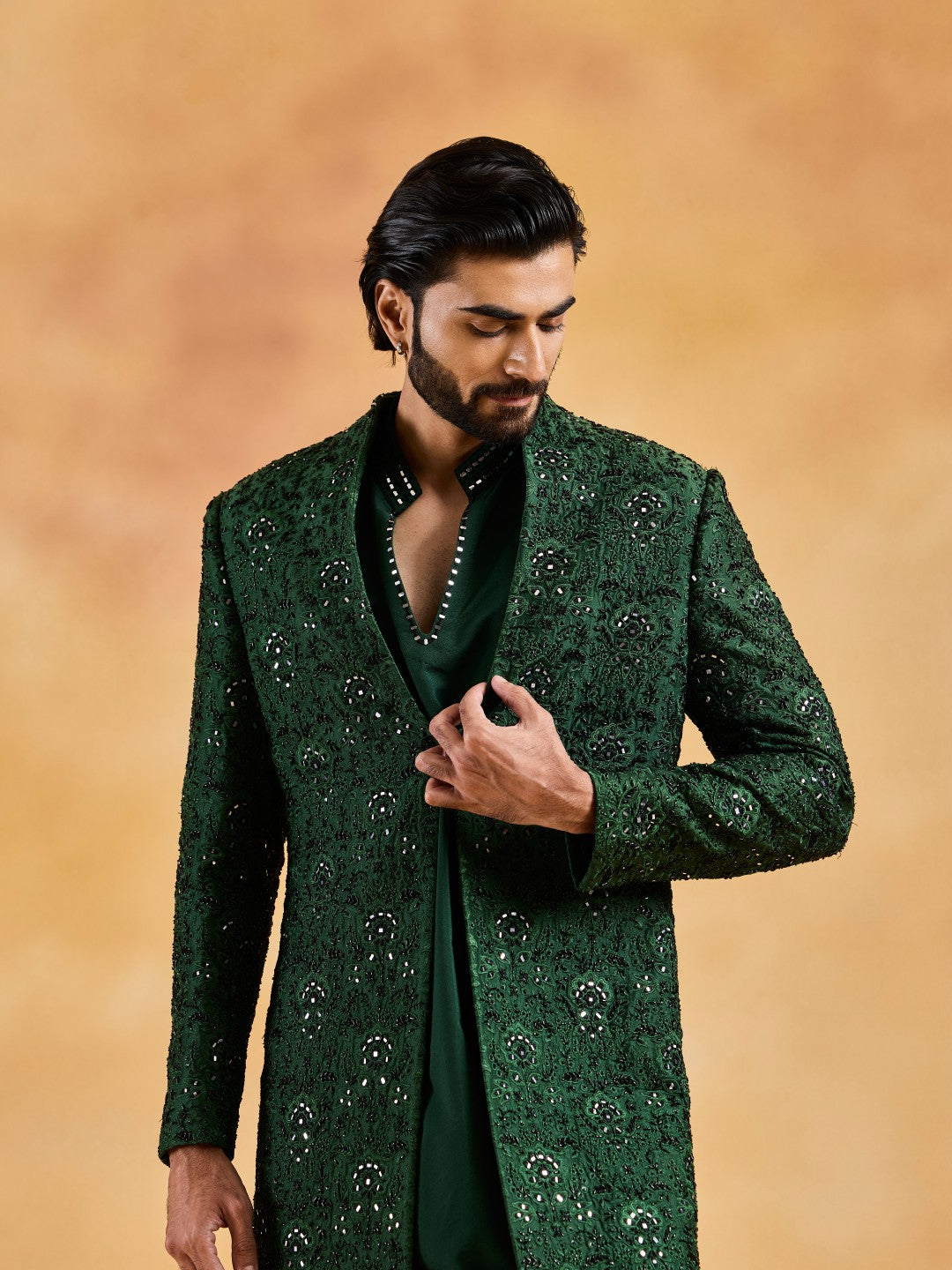 EMERALD GREEN OPEN JACKET KURTA SALWAR SET