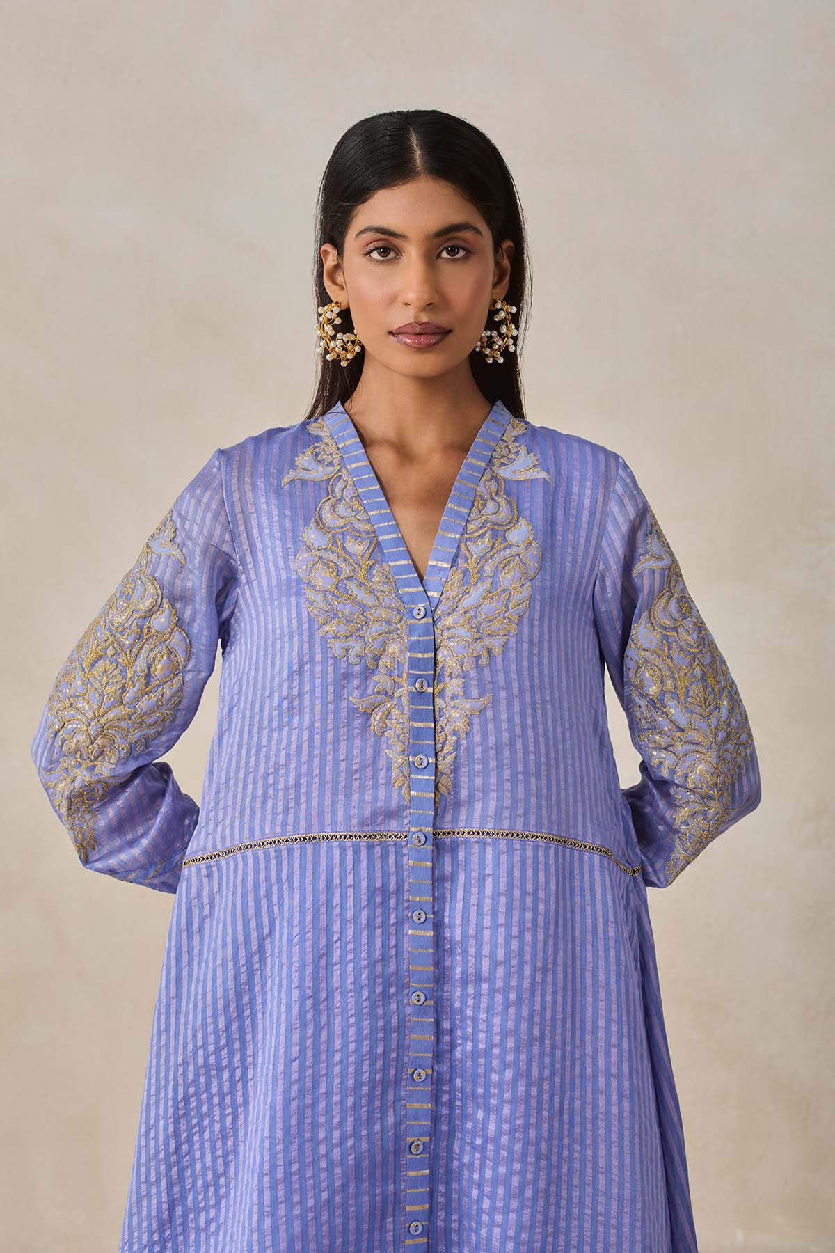 Chanderi Front Open Assymetrical Kurta With Pant