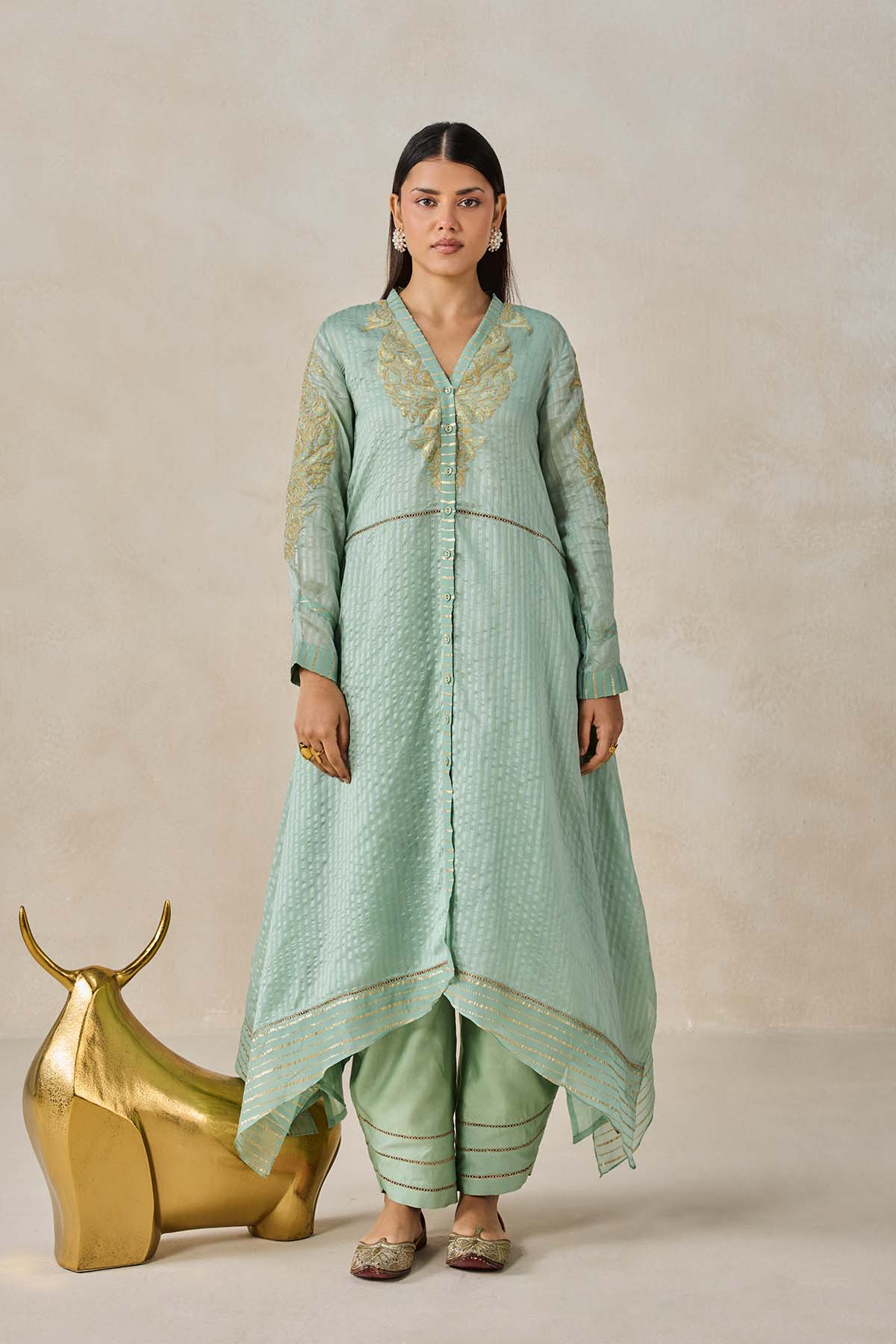 Chanderi Front Open Assymetrical Kurta With Pant