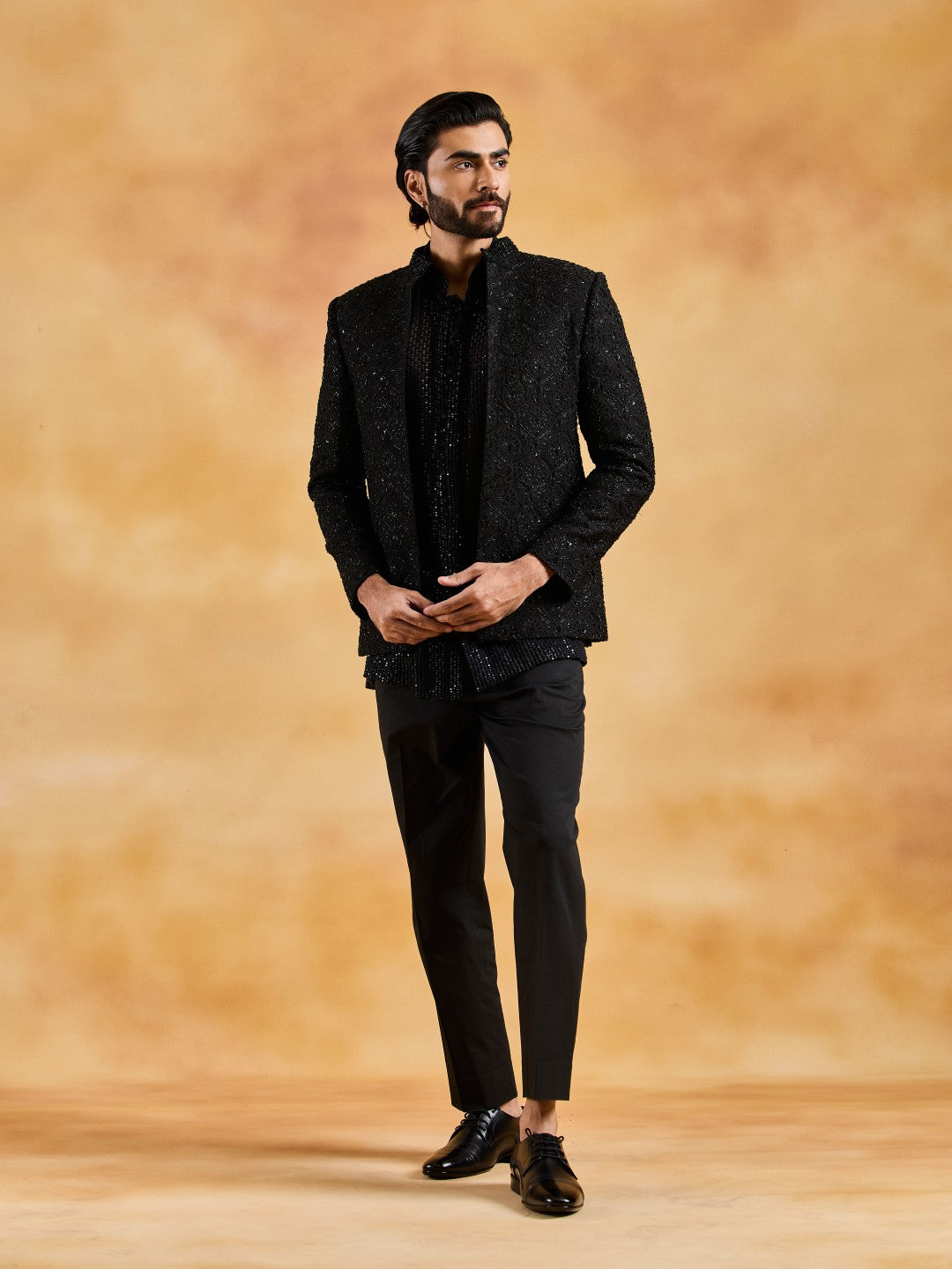 BLACK OPEN JACKET WITH SHORT KURTA AND PANTS