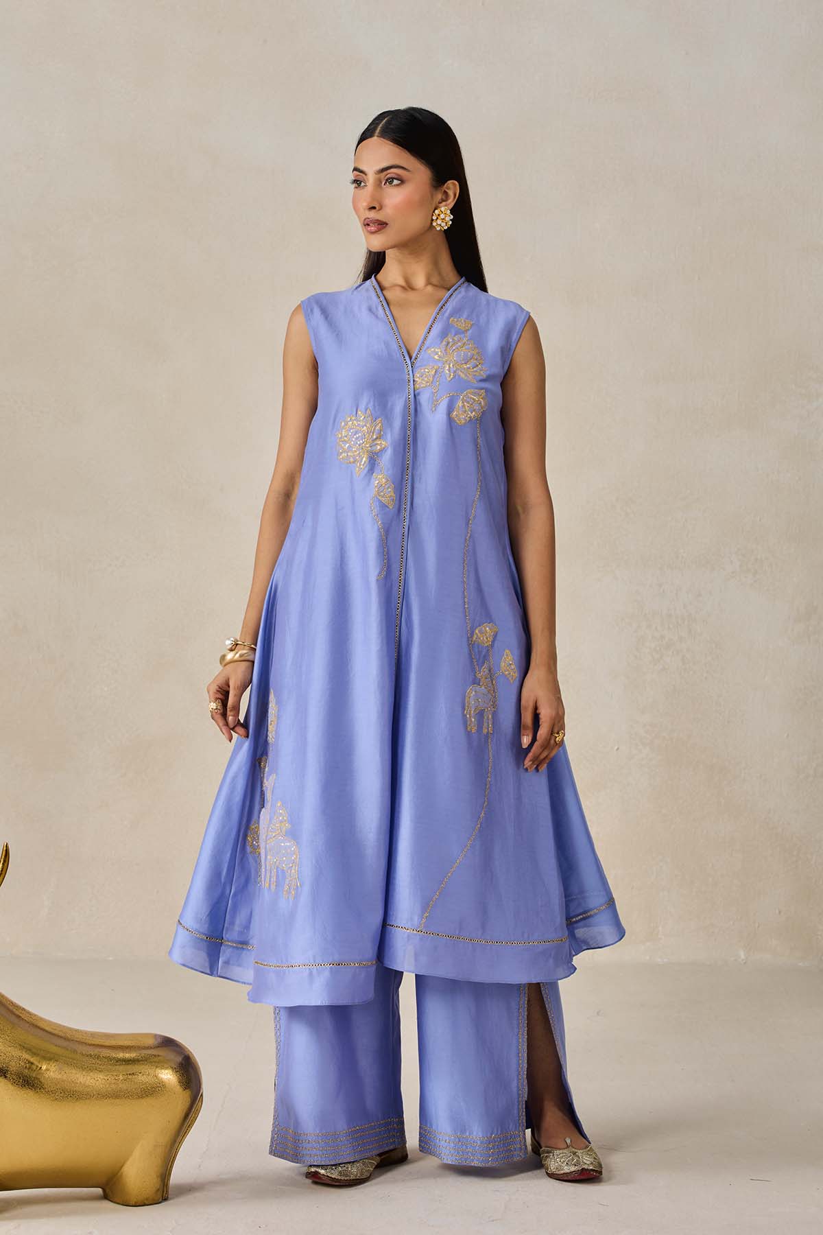 Chanderi Applique work Kurta With Pant Set