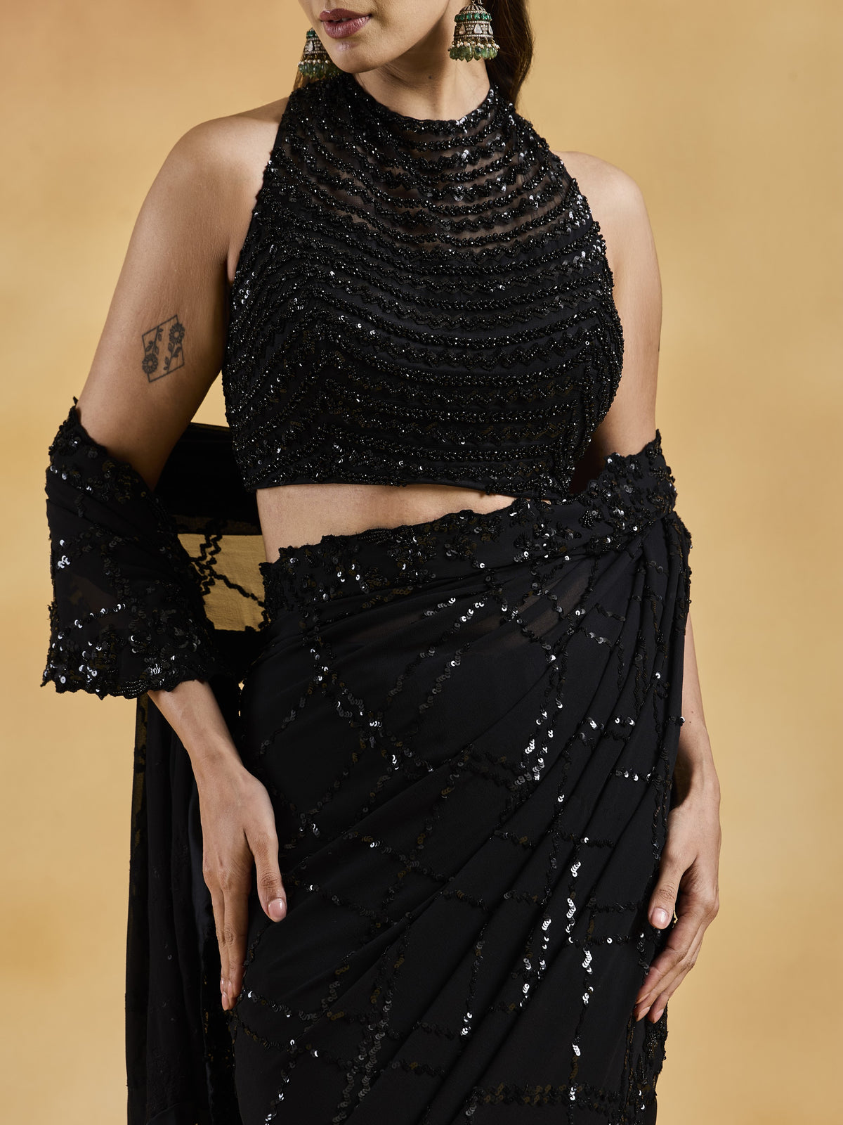 Black Geometric Saree Set