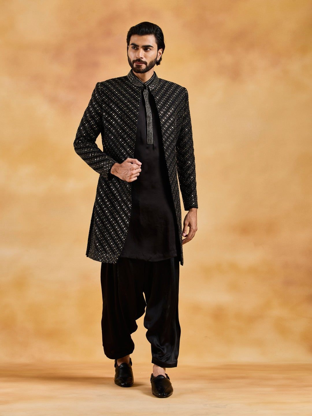 BLACK OPEN SHERWANI WITH KURTA AND SALWAR