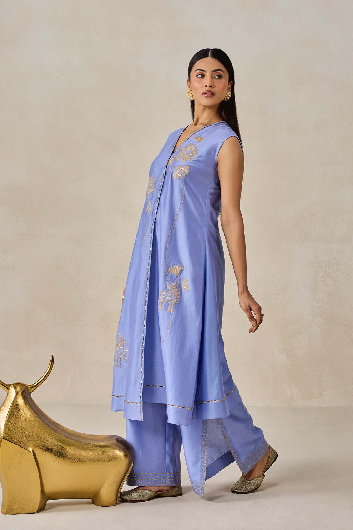 Chanderi Applique work Kurta With Pant Set