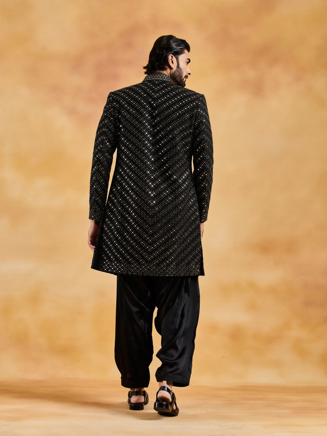 BLACK OPEN SHERWANI WITH KURTA AND SALWAR